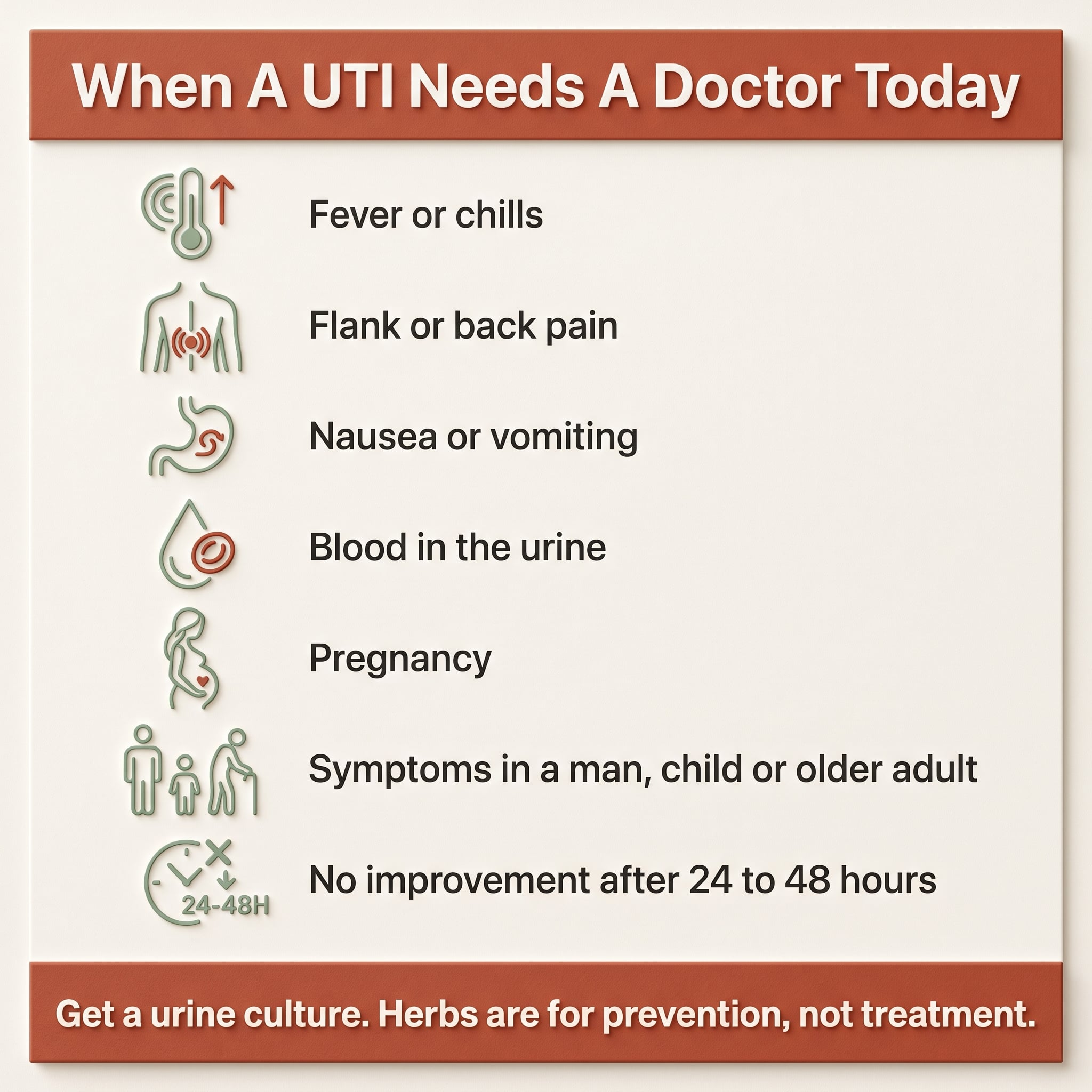 Infographic listing UTI red-flag symptoms that need same-day medical care, including fever, flank pain and blood in urine