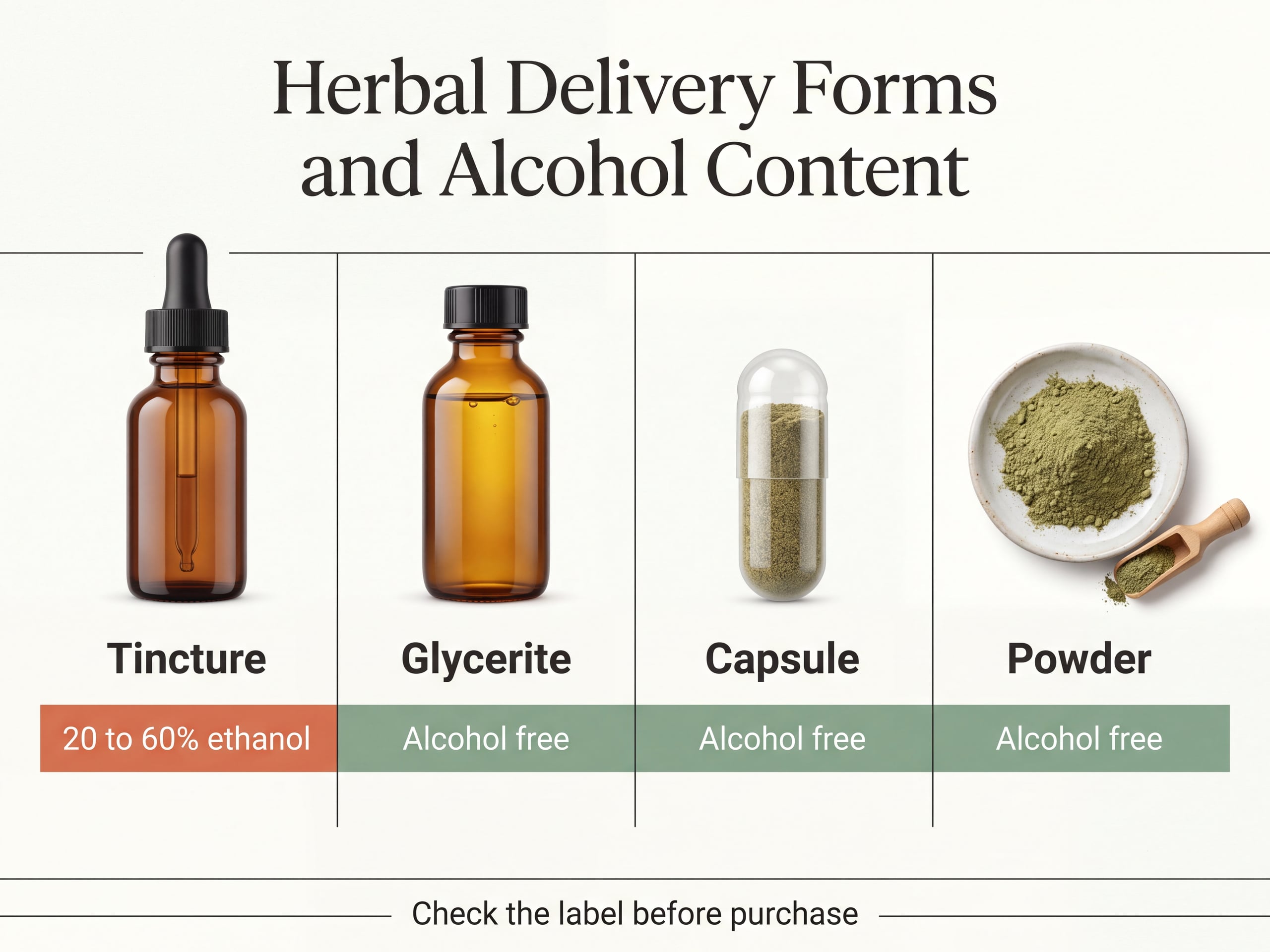 Infographic comparing alcohol content of herbal tinctures, glycerites, capsules and powders