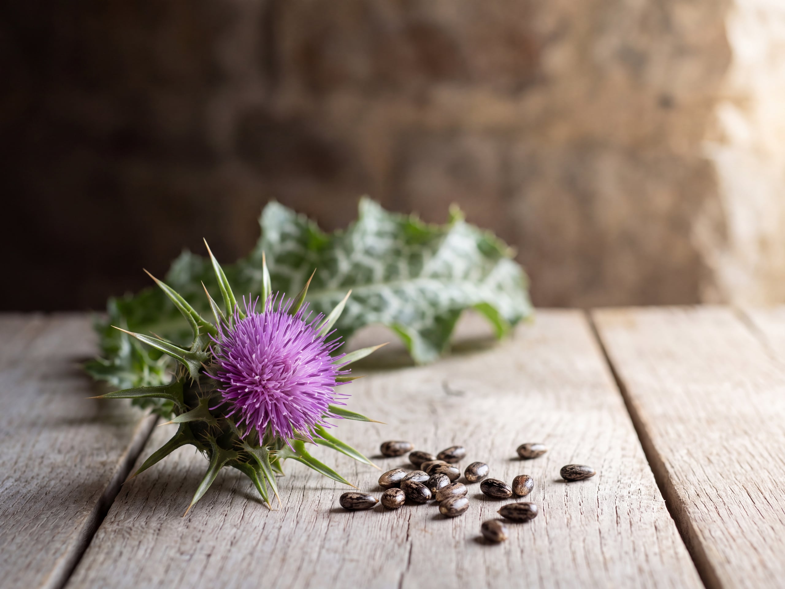 Milk thistle flower head and mottled seeds on weathered oak, the botanical source of silymarin