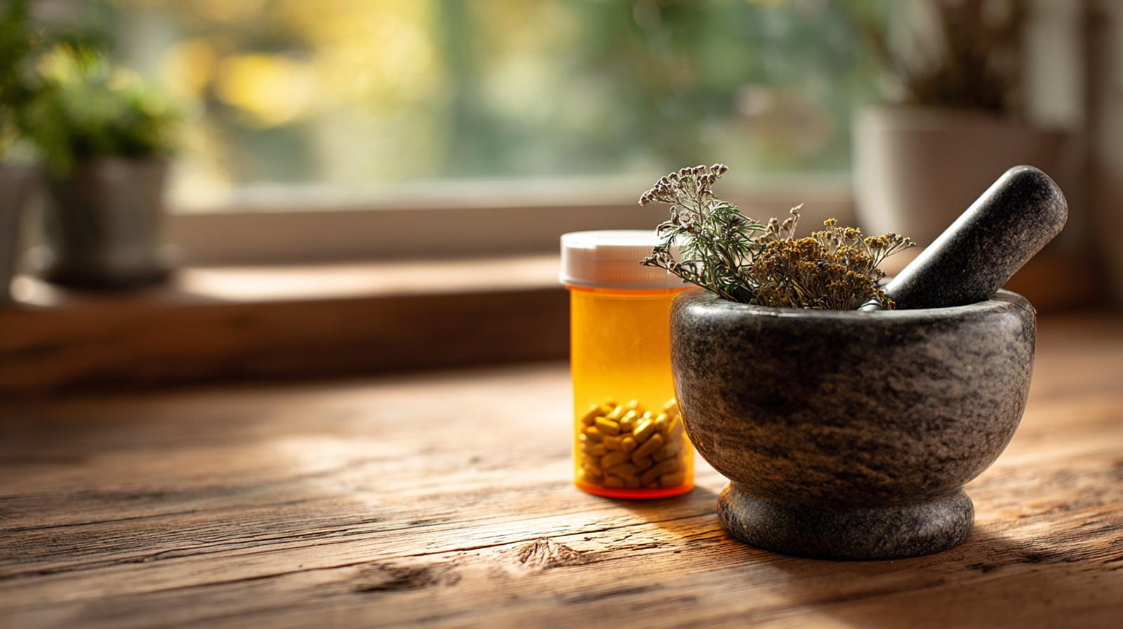 A mortar and pestle with herbs sitting next to a prescription medicine bottle, symbolizing the importance of discussing herbal remedies with a healthcare professional.