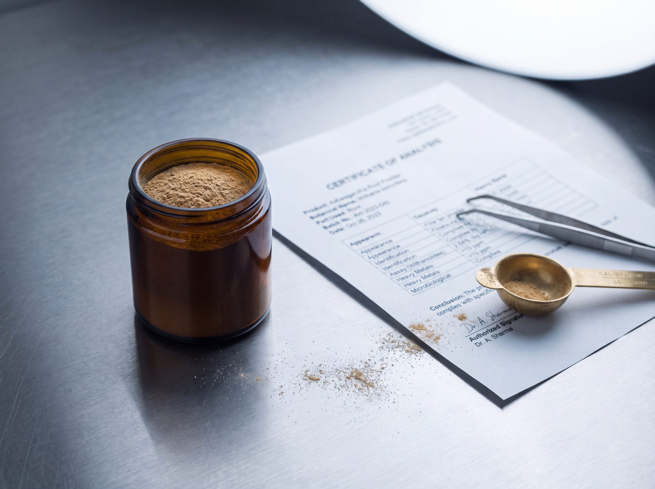 Amber sample jar of milled ashwagandha powder beside a printed certificate of analysis on a steel bench