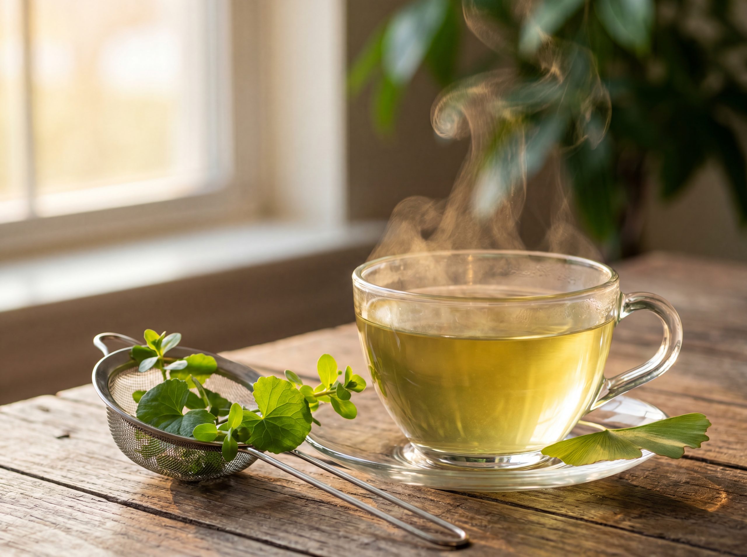Glass cup of herbal brain tea with Gotu Kola, Bacopa and Ginkgo leaves