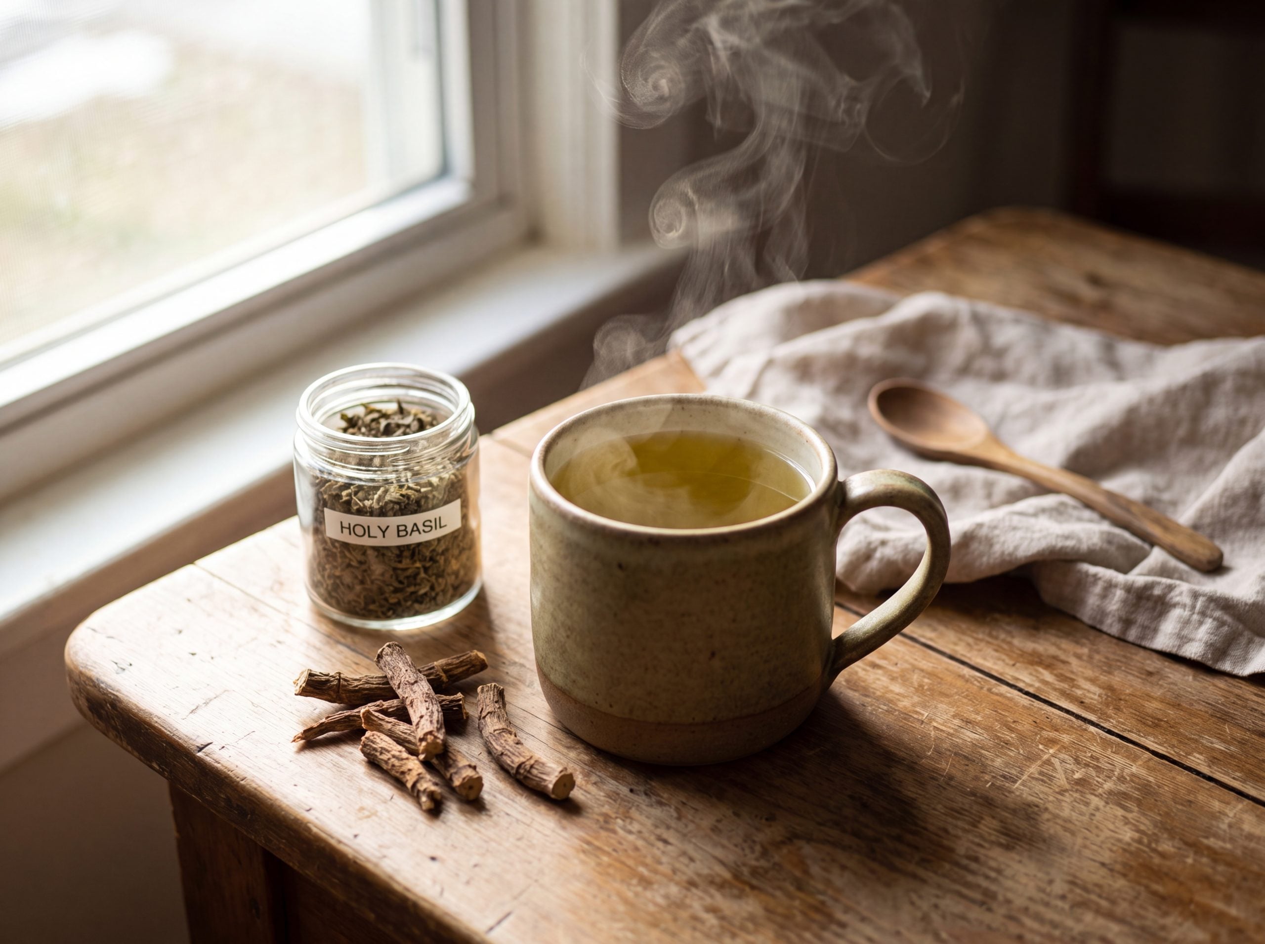 Cup of holy basil and rhodiola herbal tea for hypothalamic support