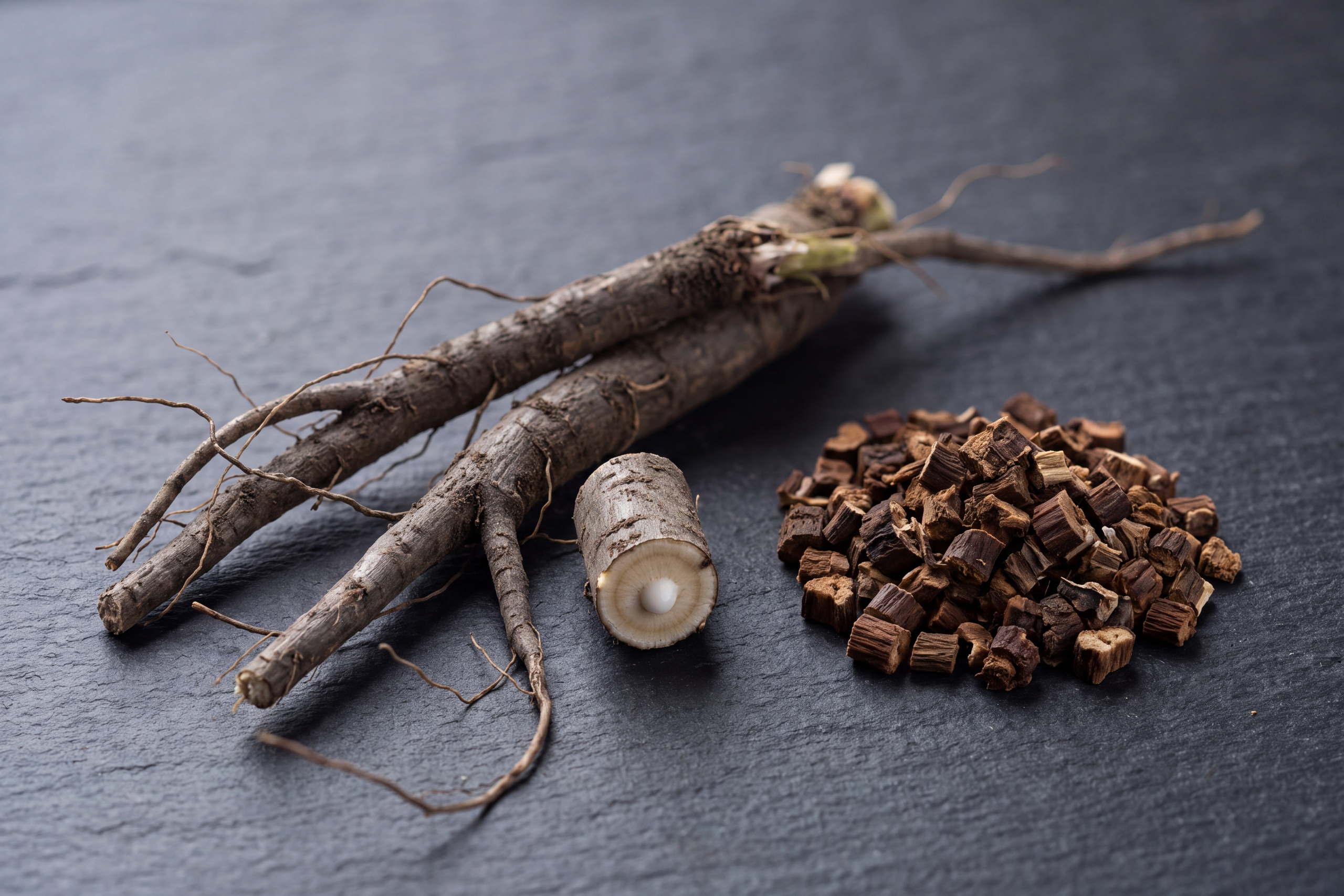 Cross-sectioned Taraxacum officinale root on slate beside roasted cut dandelion root