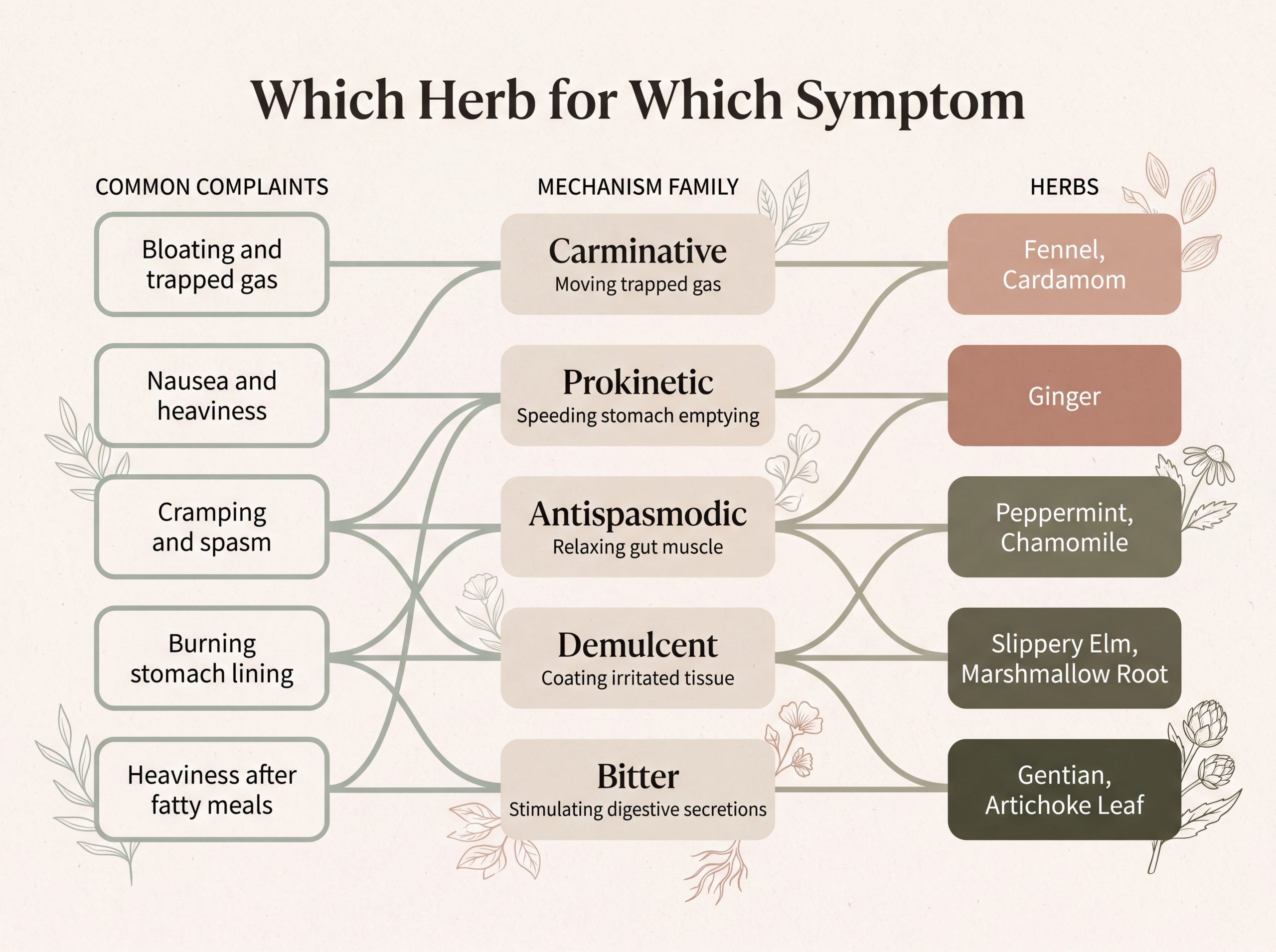 Routing infographic matching digestive symptoms like bloating and cramping to the right herbs for gut health.