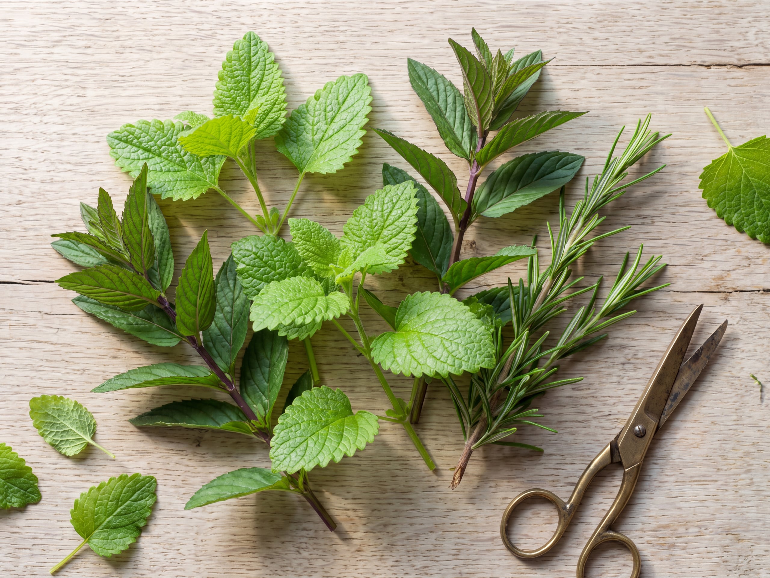 Fresh lemon balm, peppermint and rosemary sprigs laid on pale oak with brass scissors