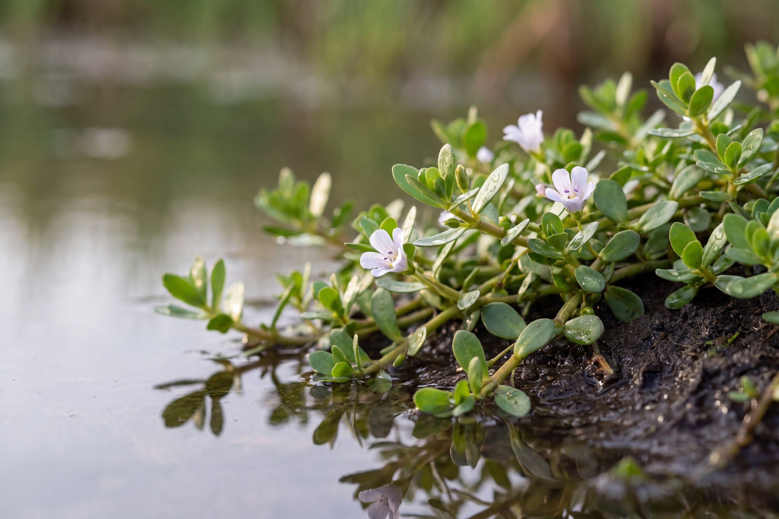 Fresh Bacopa monnieri creeping across wet soil with small pale flowers at a water margin