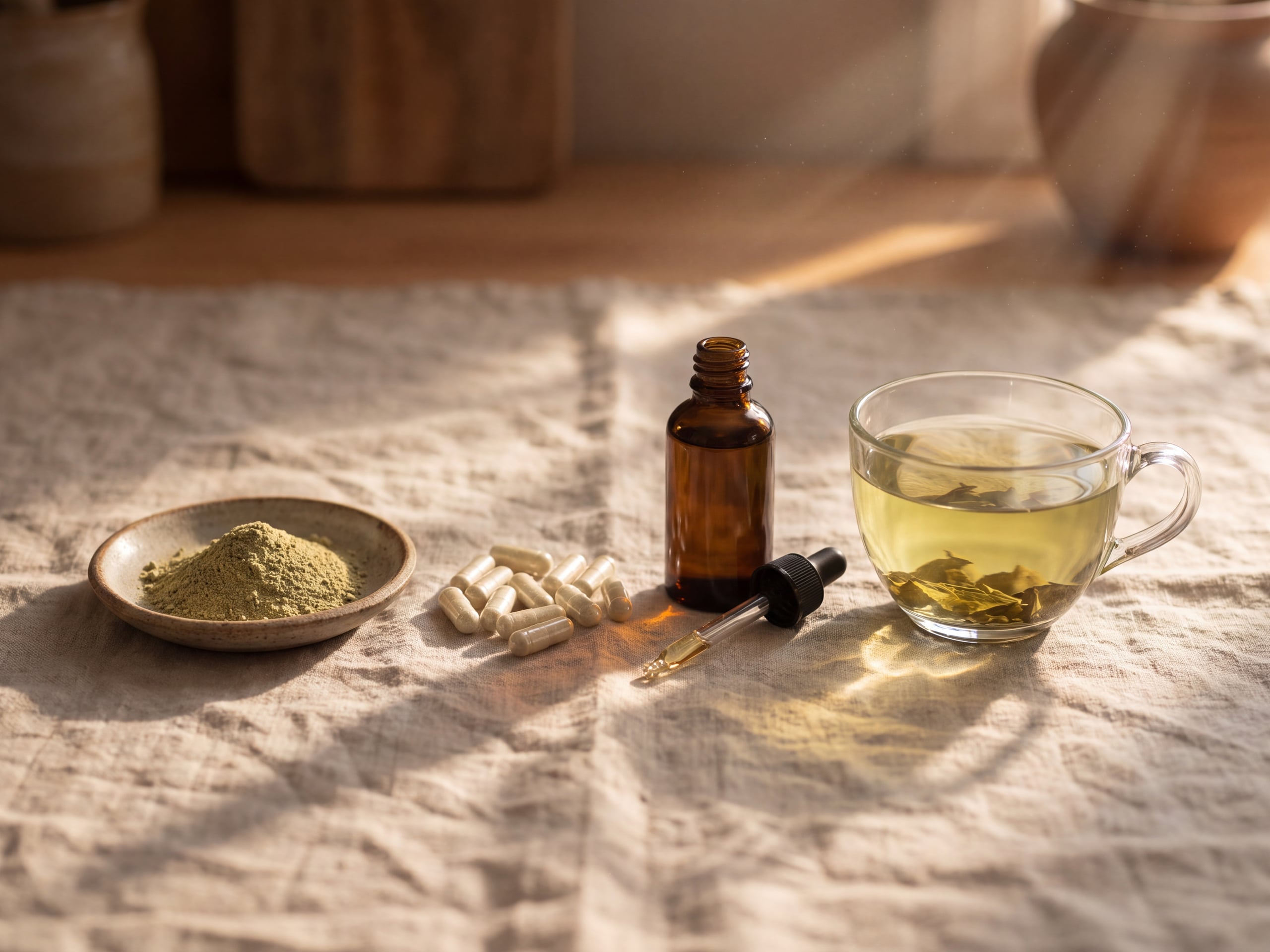 Herbal powder, capsules, an amber tincture bottle and a glass of infusion arranged on linen