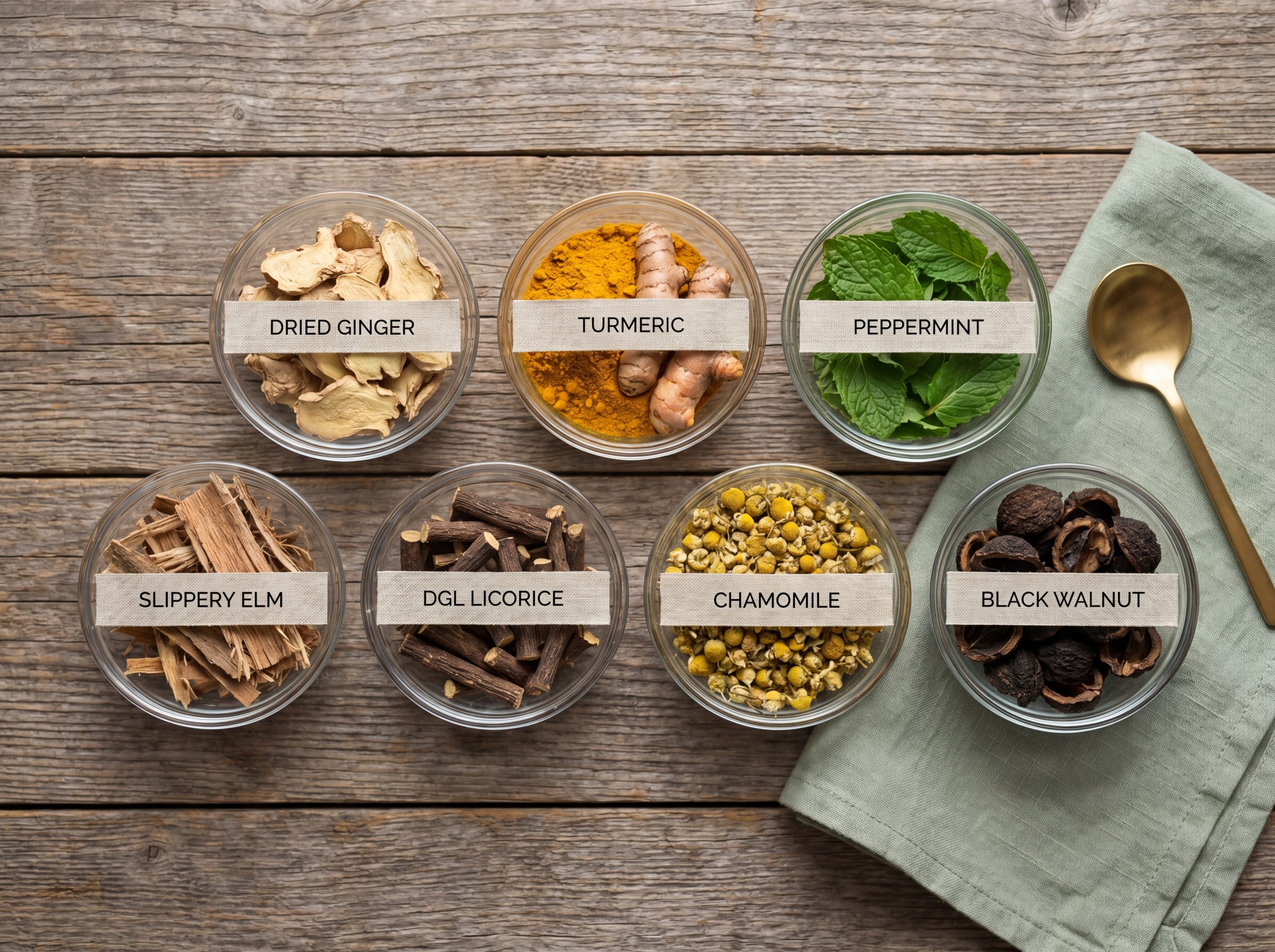 Seven traditional herbs for digestive health and immune function: ginger, turmeric, peppermint, slippery elm, licorice, chamomile, black walnut