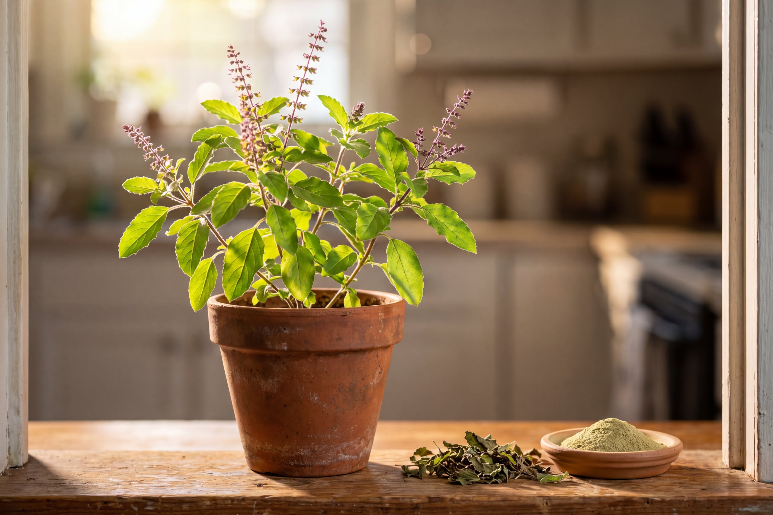 Living Rama tulsi plant in a terracotta pot beside a dish of whole-leaf holy basil powder