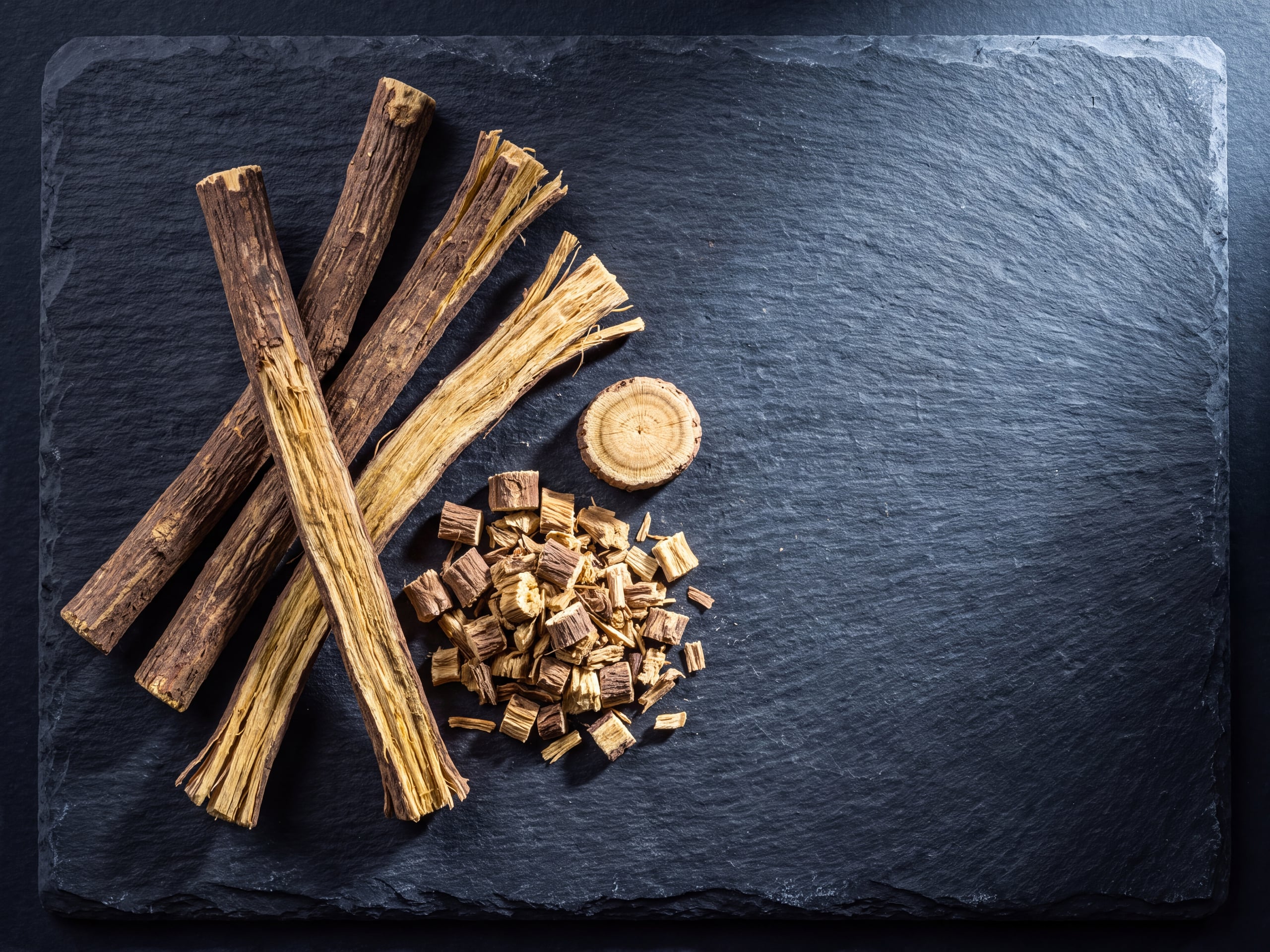 Dried licorice root sticks and a cross-section disc on dark slate under low raking light