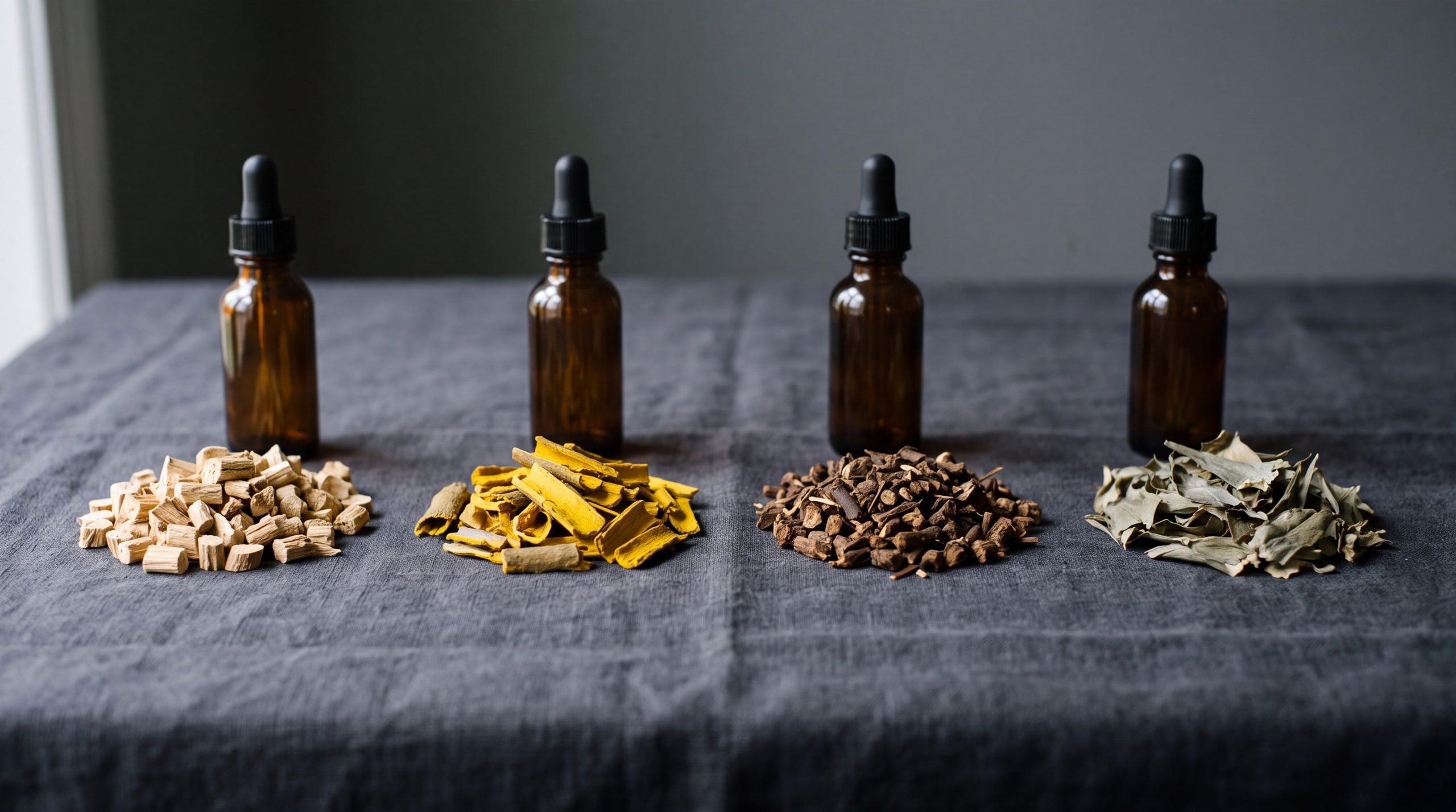 Dried gentian, barberry, roasted dandelion root and artichoke leaf grouped on charcoal linen