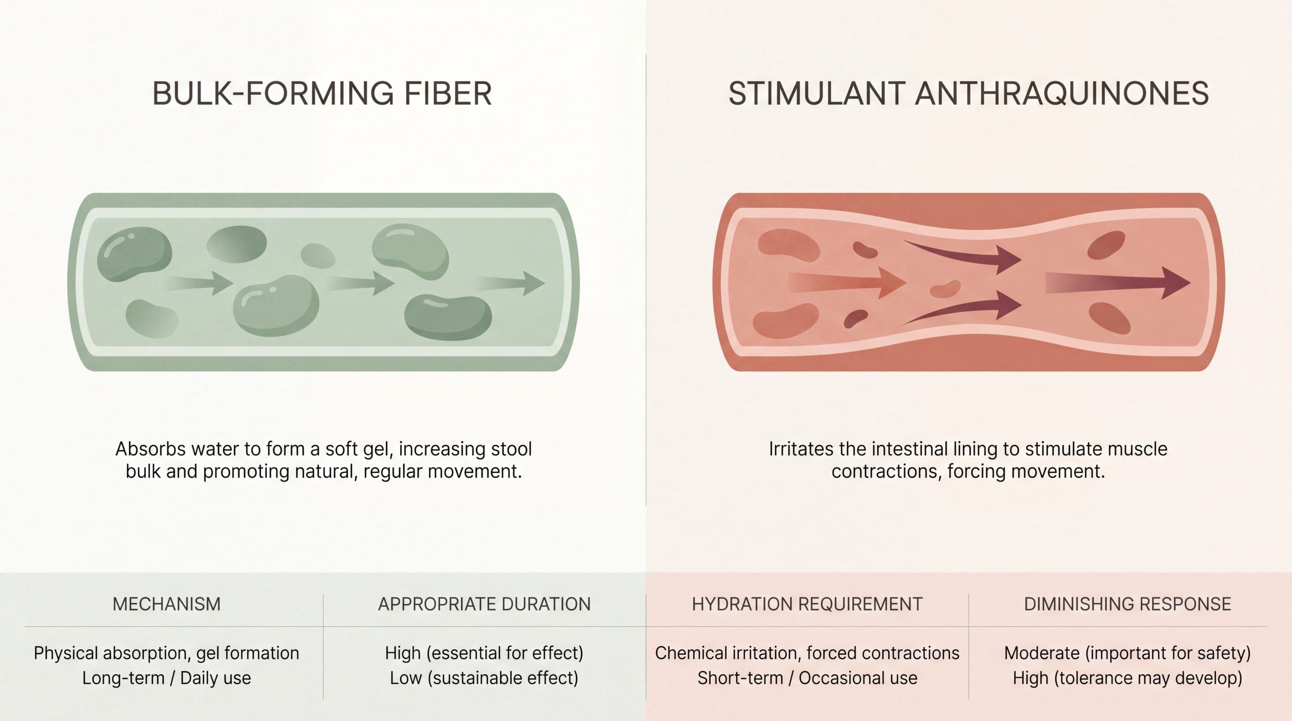 Side-by-side diagram comparing bulk-forming fiber with stimulant laxative action in the colon
