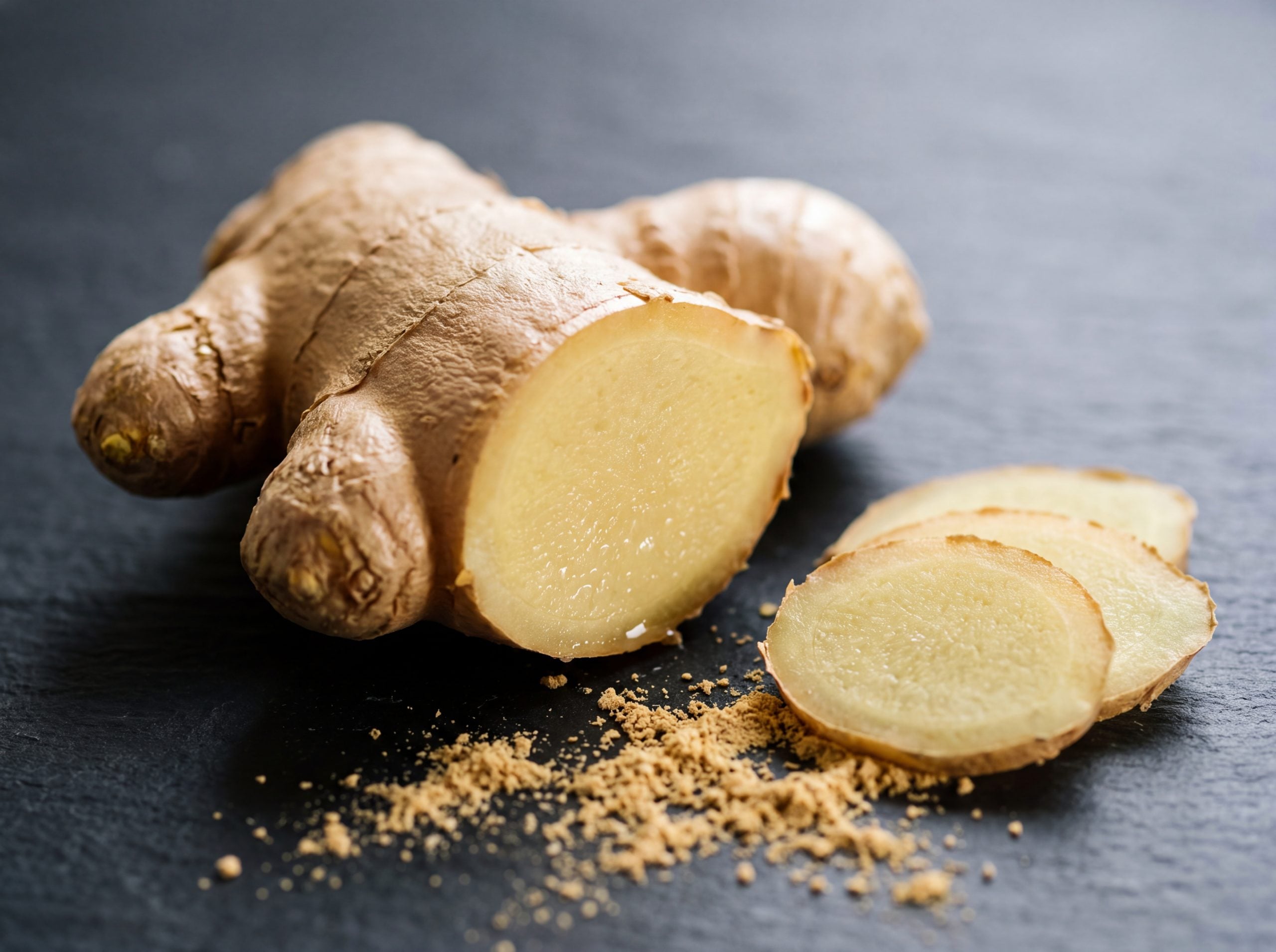 Fresh Zingiber officinale rhizome cut open on slate showing pale fibrous interior