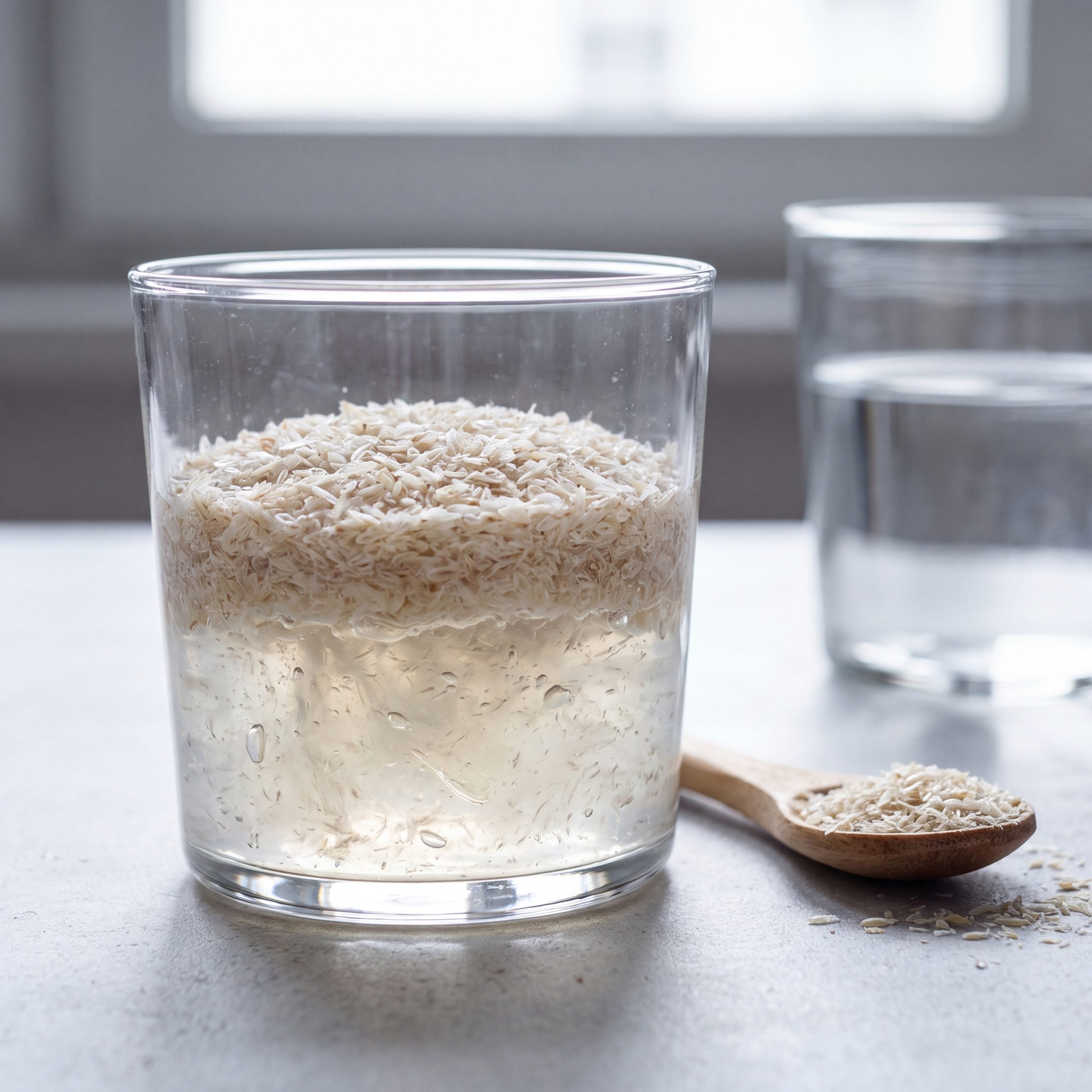 Psyllium husk swelling into translucent gel in a glass of water beside dry husk on a spoon