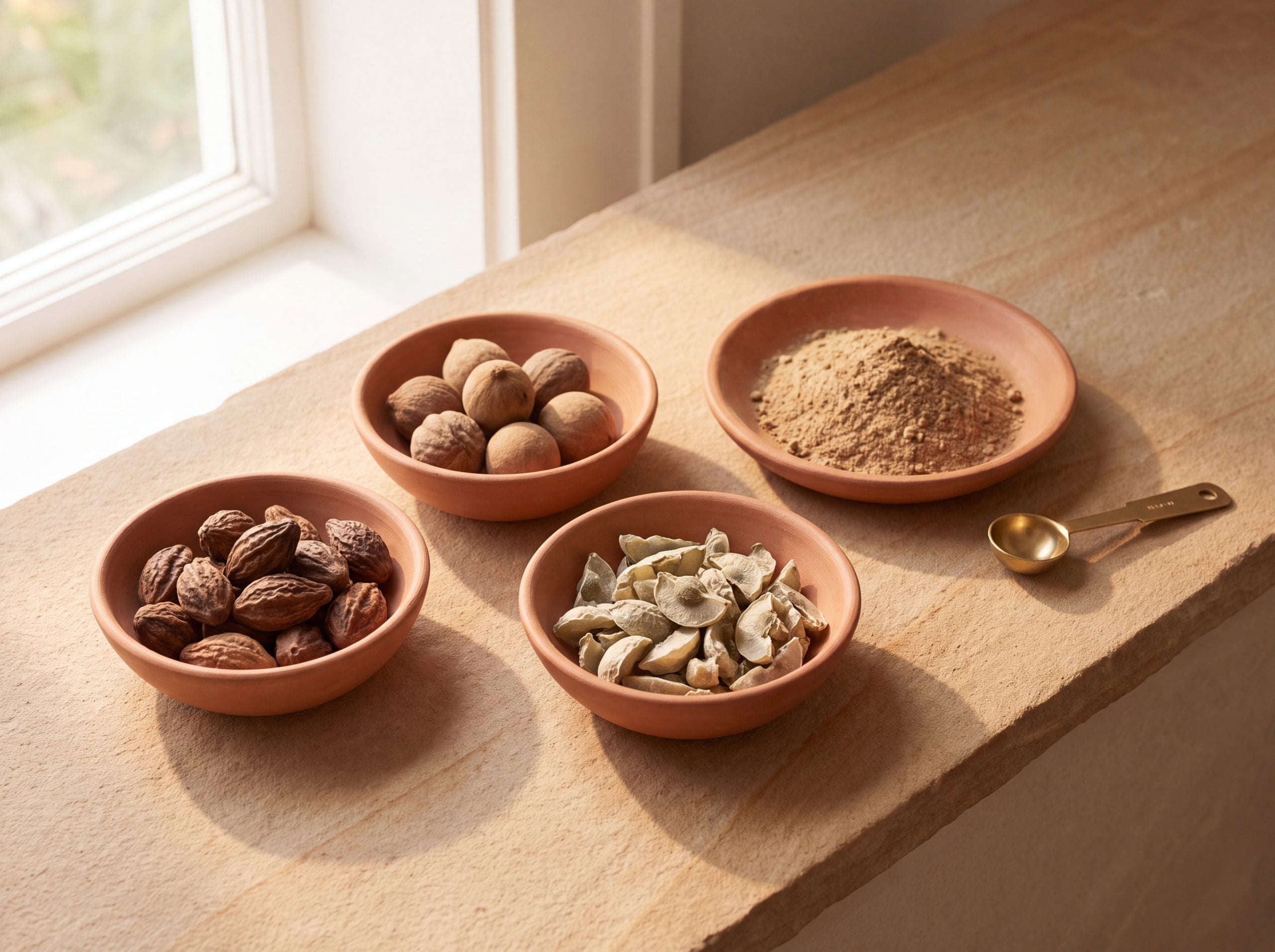 Dried haritaki, bibhitaki and amalaki fruits beside blended triphala powder in terracotta dishes
