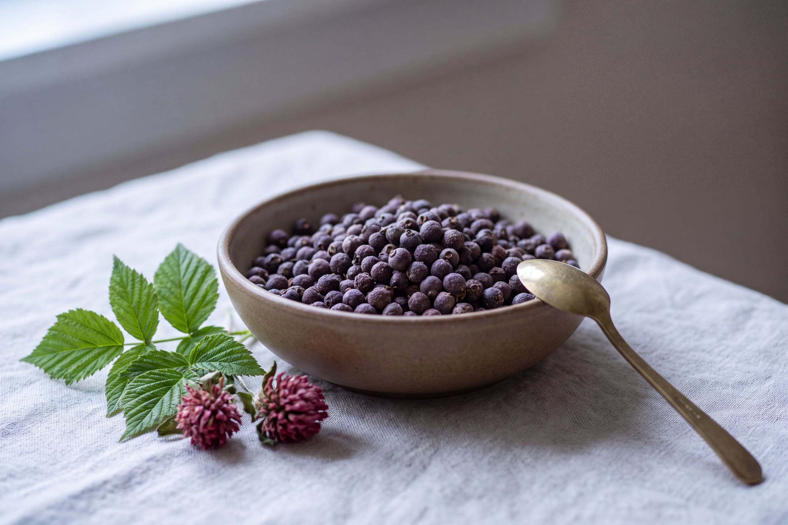 Dried chaste tree berries in a ceramic bowl with raspberry leaf and red clover blossoms on linen