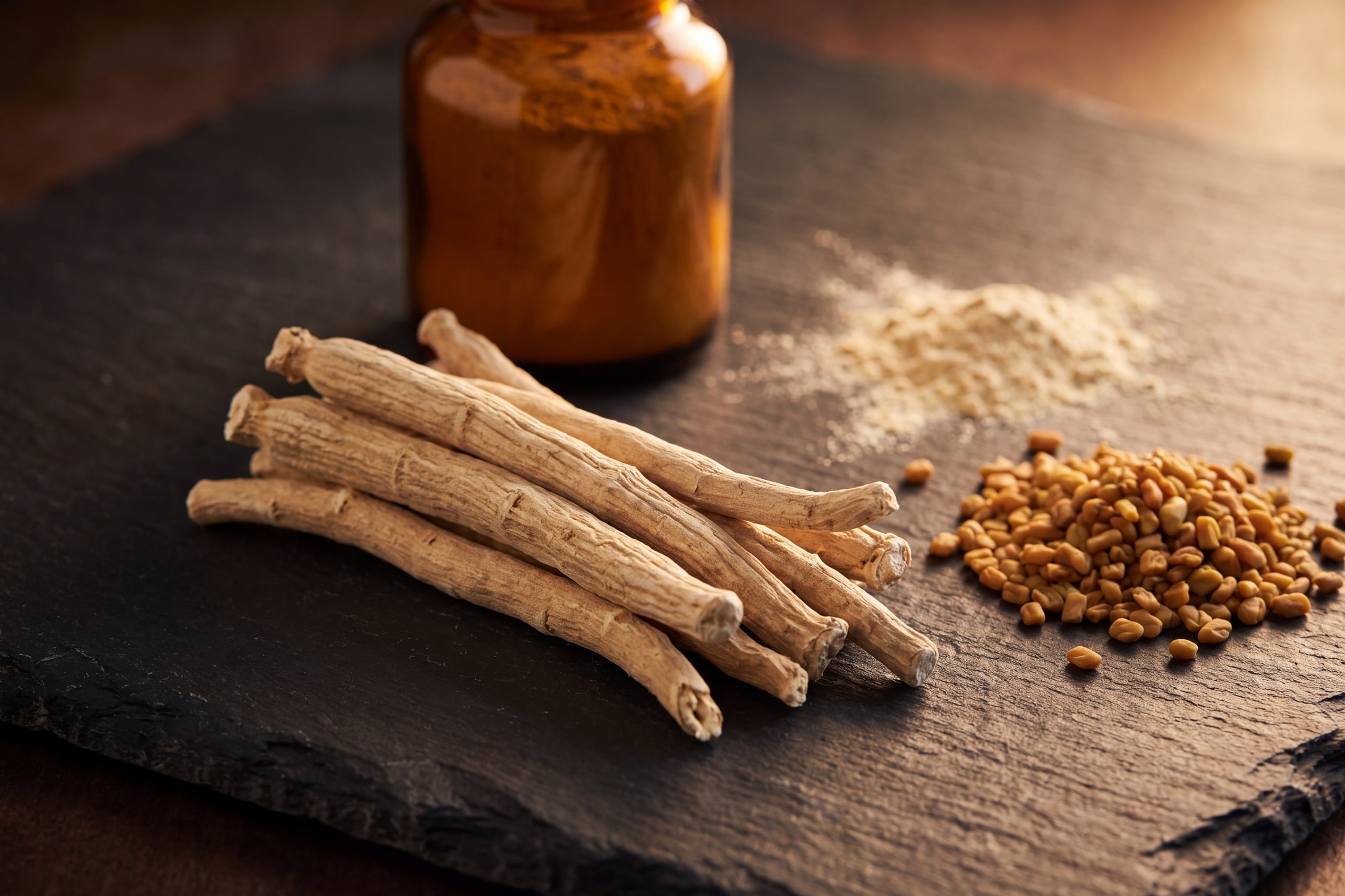 Whole dried ashwagandha roots on slate with fenugreek seed and maca powder alongside