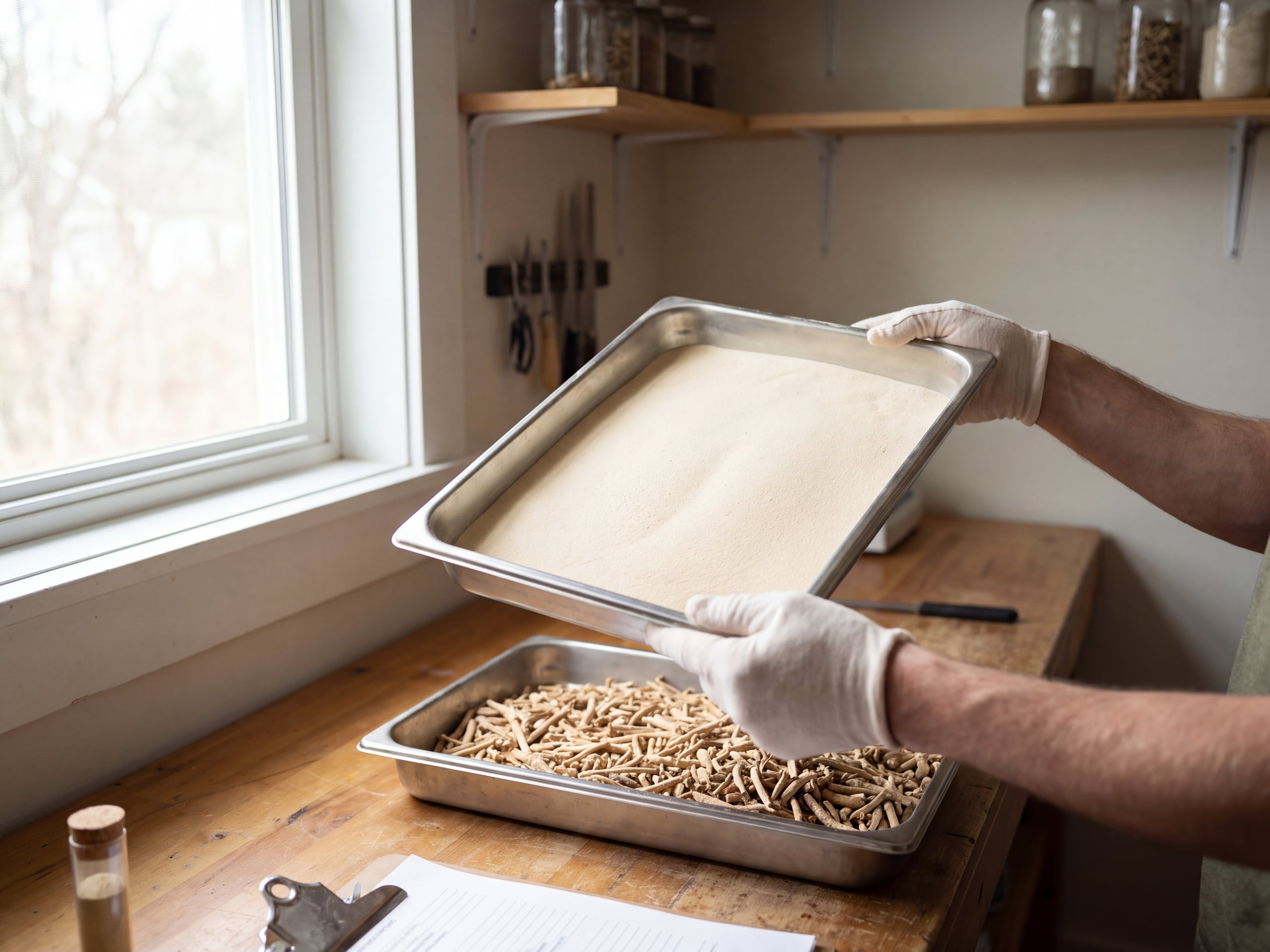 Hands holding a steel tray of ashwagandha root powder to window light during a quality check