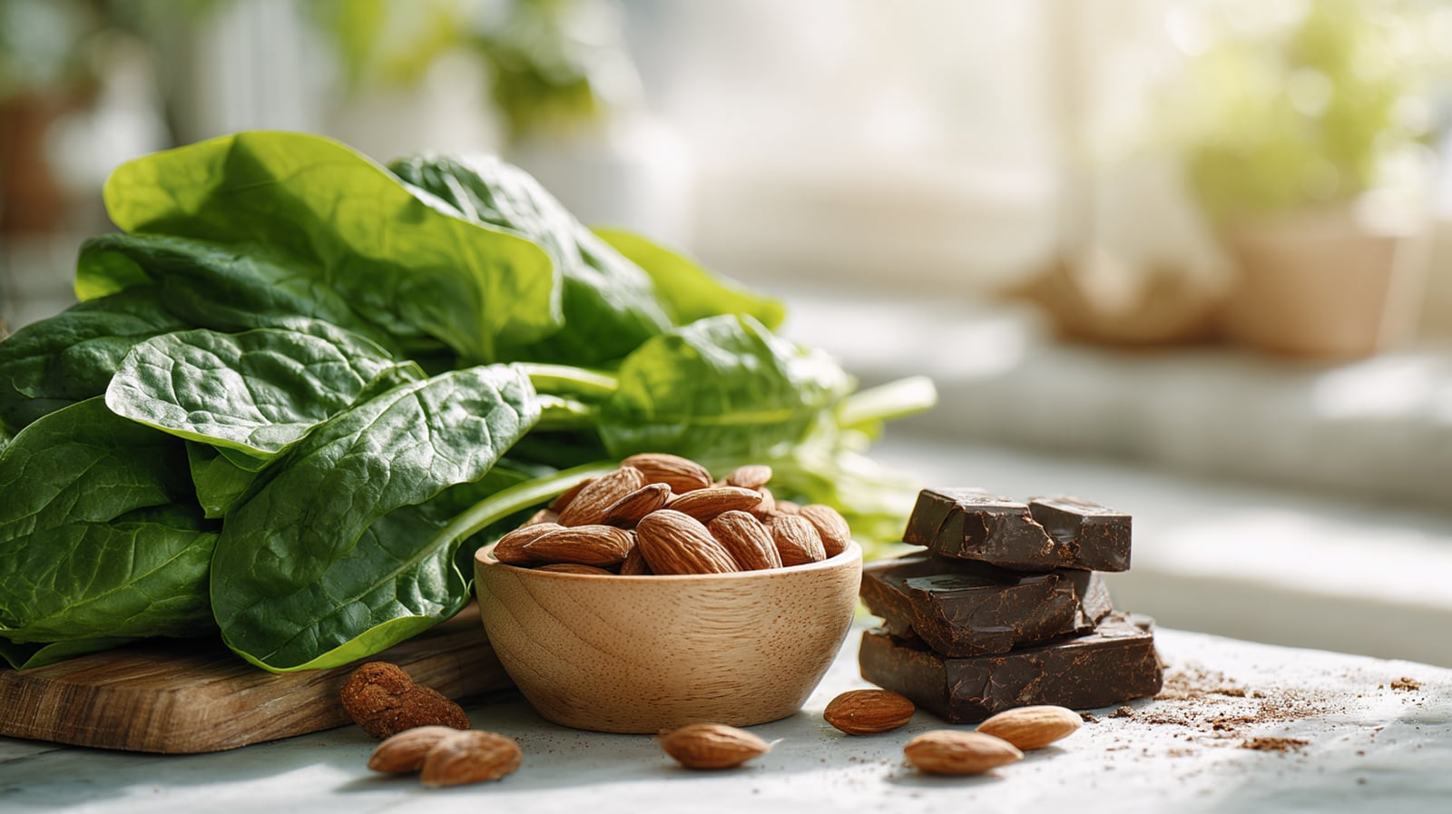 A display of high-oxalate foods, including spinach and almonds, which should be moderated in a diet to help prevent calcium oxalate kidney stones.