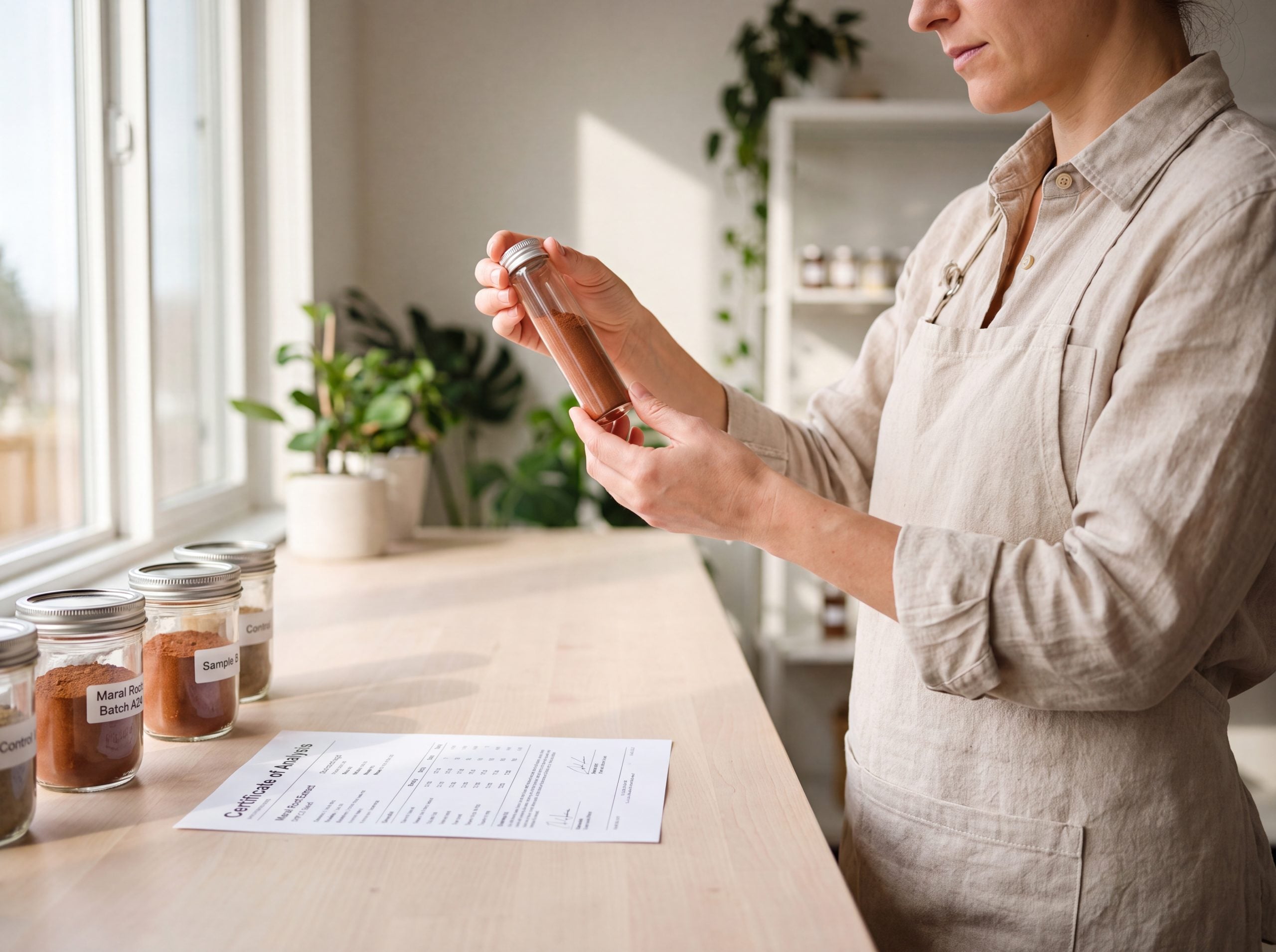 Technician inspecting maral root powder against a certificate of analysis in natural light