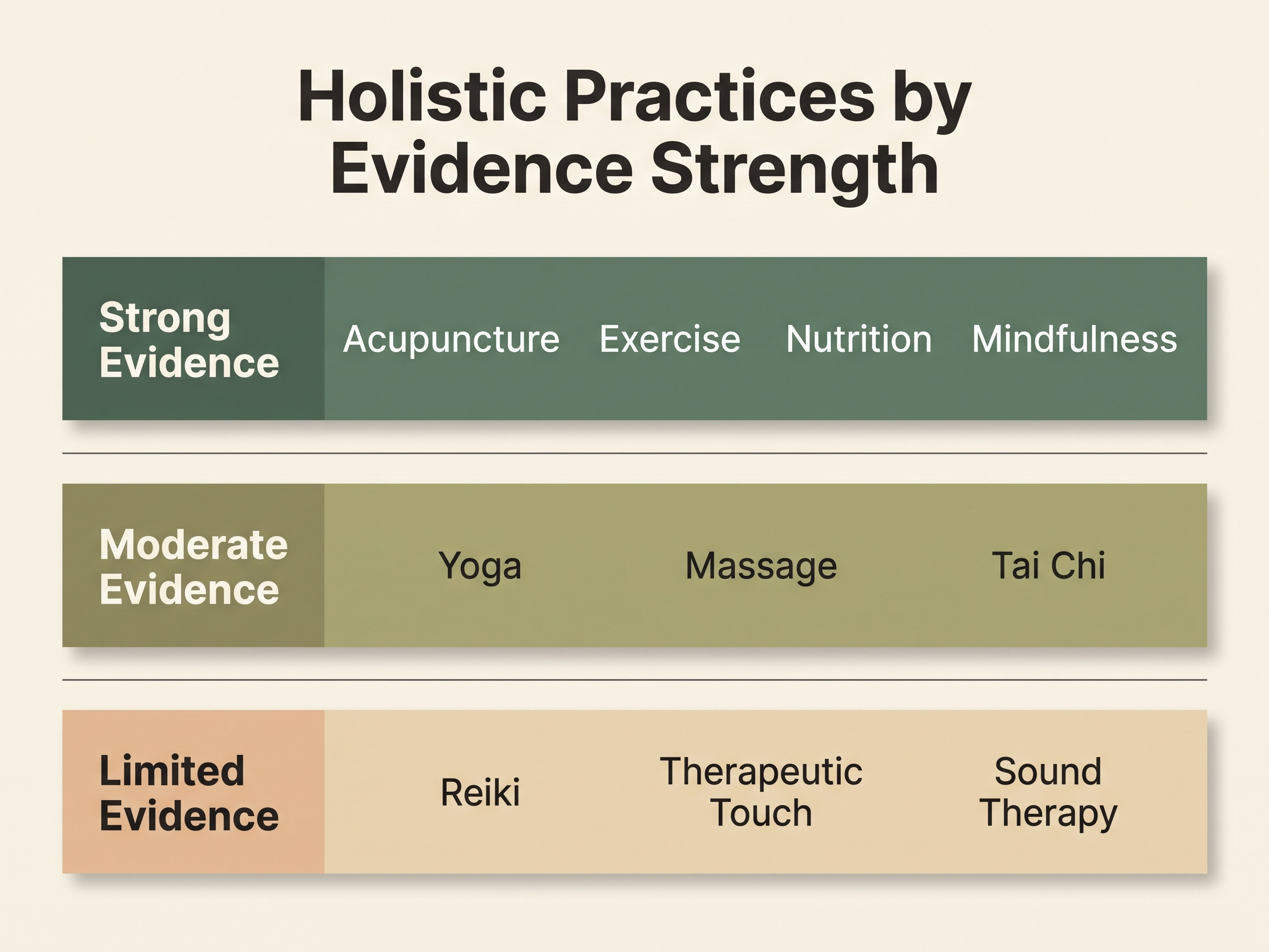 Infographic ranking holistic health practices by strength of randomized controlled trial evidence