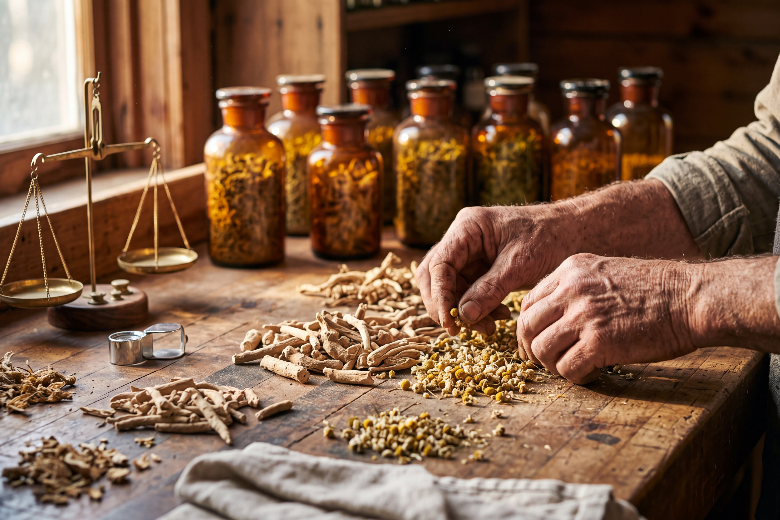 Herbalist inspecting dried ashwagandha root and chamomile on a workbench with amber apothecary jars
