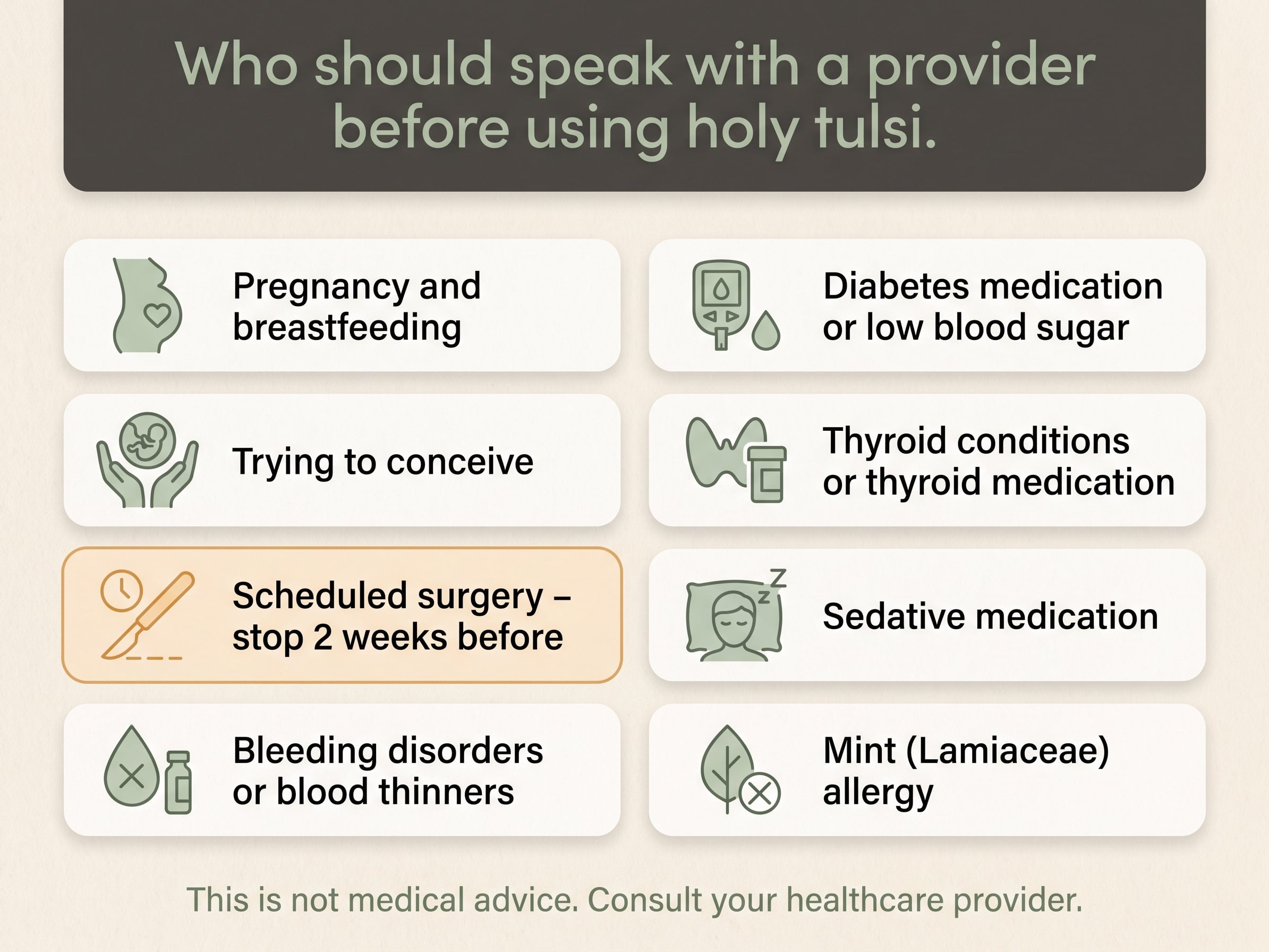 Reference card listing the eight groups who should consult a provider before using holy tulsi, including thyroid patients.