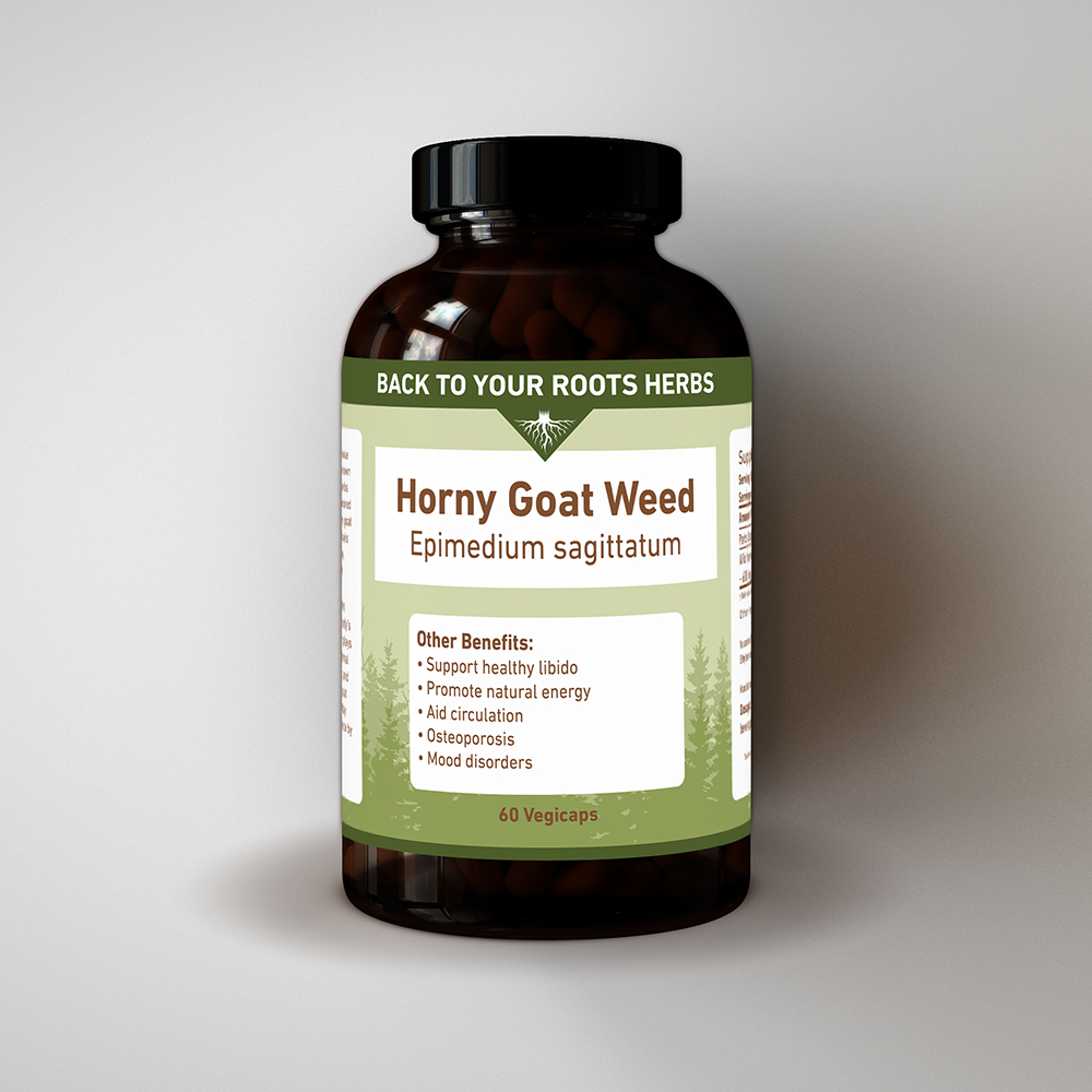 Horny Goat Capsules Bottle of Back To Your Roots Herbs Horny Goat Weed capsules with 60 vegicaps.