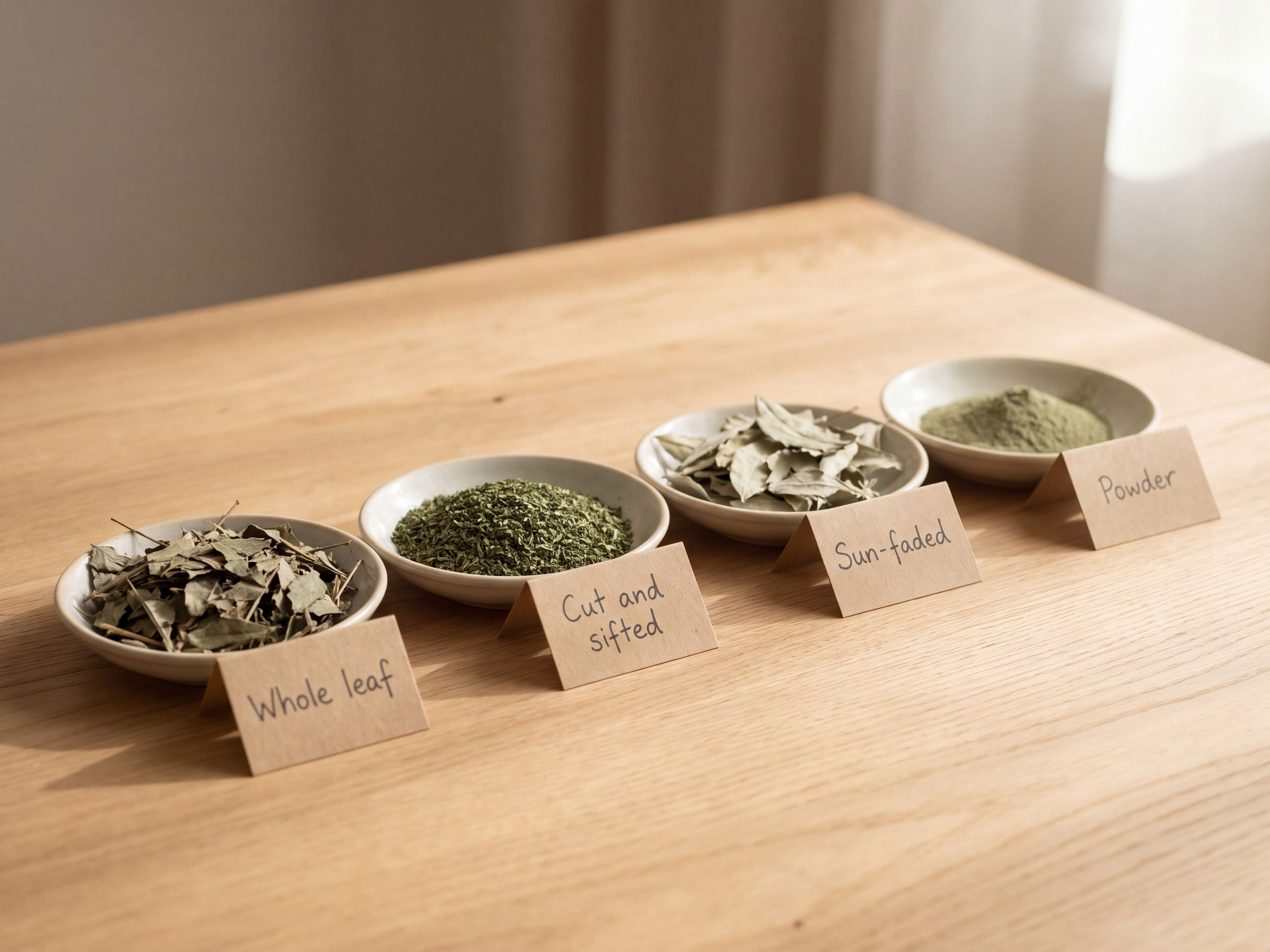 Four dried Epimedium grades labelled whole leaf, cut and sifted, sun-faded and powder