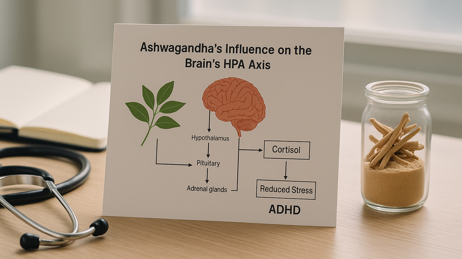 Diagram tracing the HPA axis stress pathway and the cortisol feedback loop Withania somnifera acts on