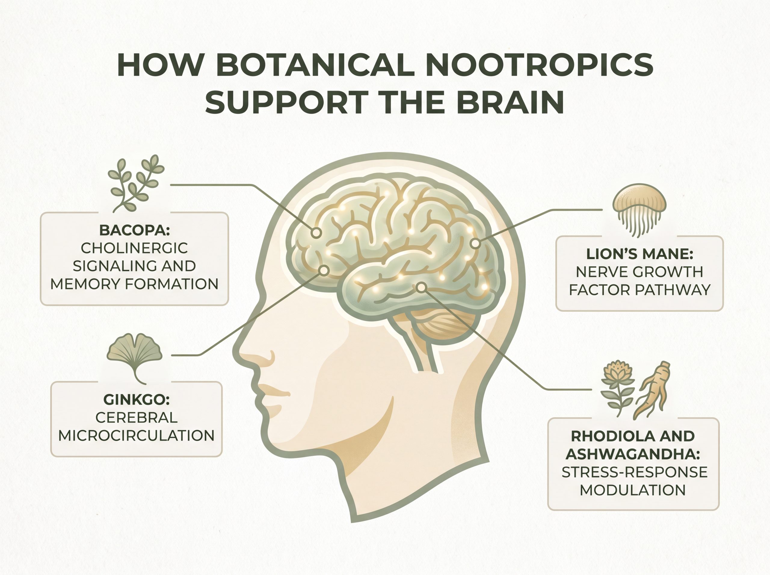 Infographic showing how Bacopa, Ginkgo, Lion's Mane and adaptogens support cognitive function