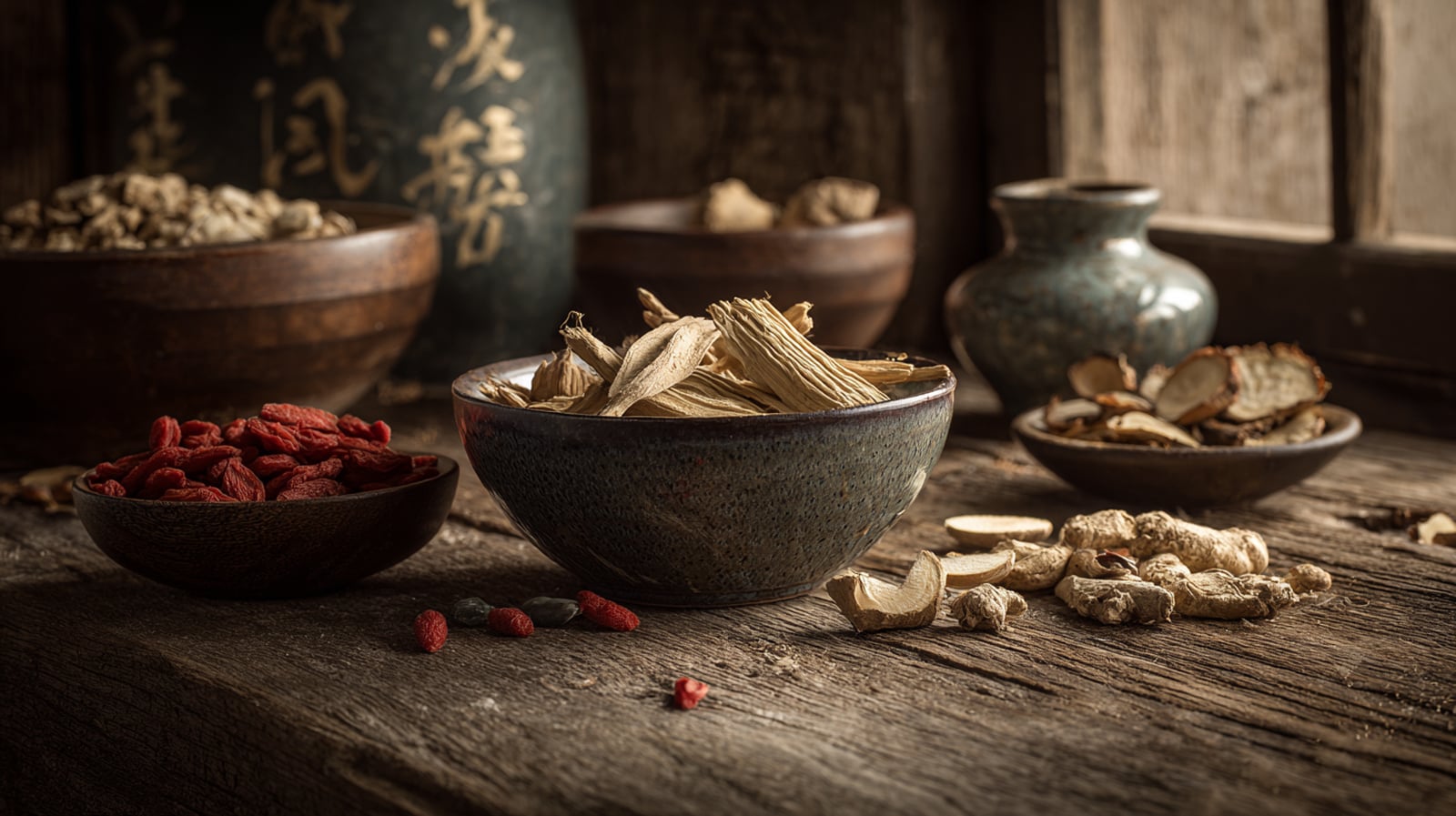 Dried huang qi root slices in a bowl among other traditional Chinese herbs used in classical formulas.