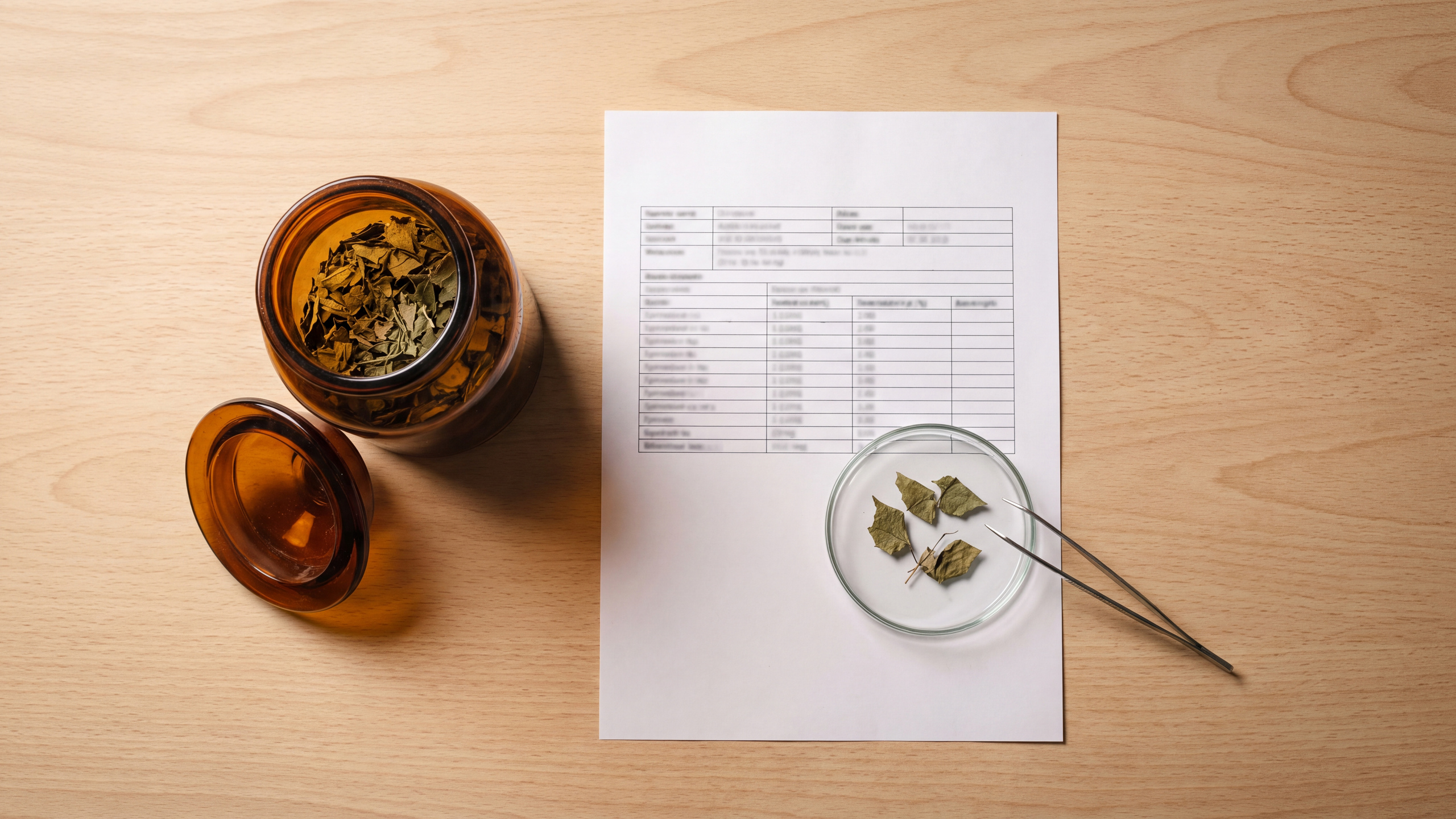 Dried Epimedium leaf in amber glass beside a certificate of analysis and sample dish