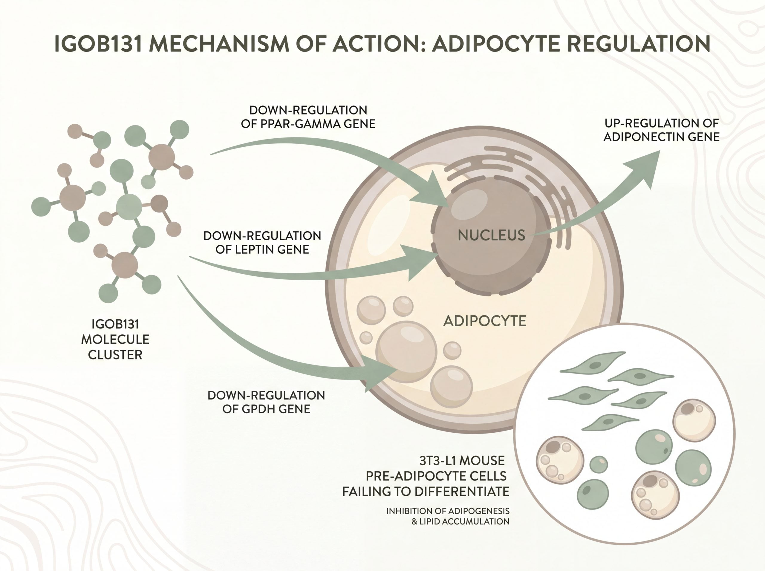 IGOB131 mechanism infographic showing down-regulation of PPAR-gamma and leptin genes with up-regulation of adiponectin