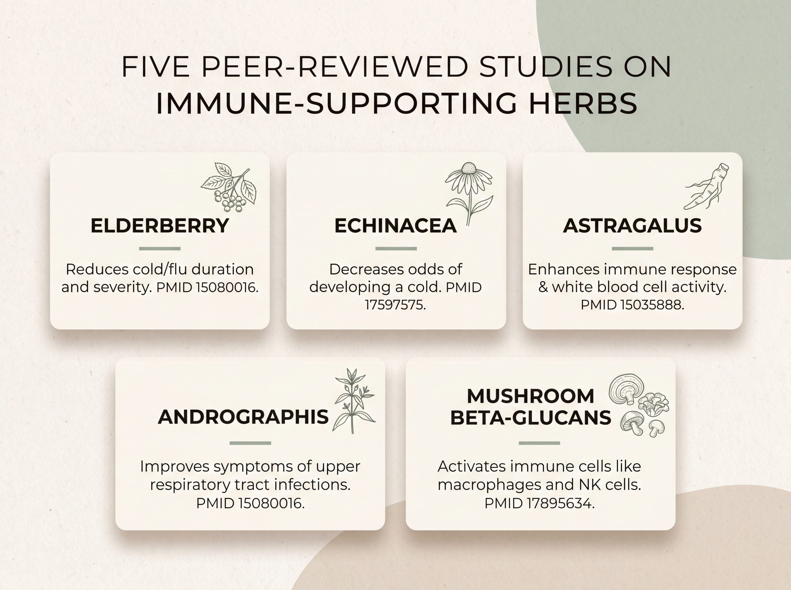 Summary of five peer-reviewed studies on immune-supporting herbs with PMID references
