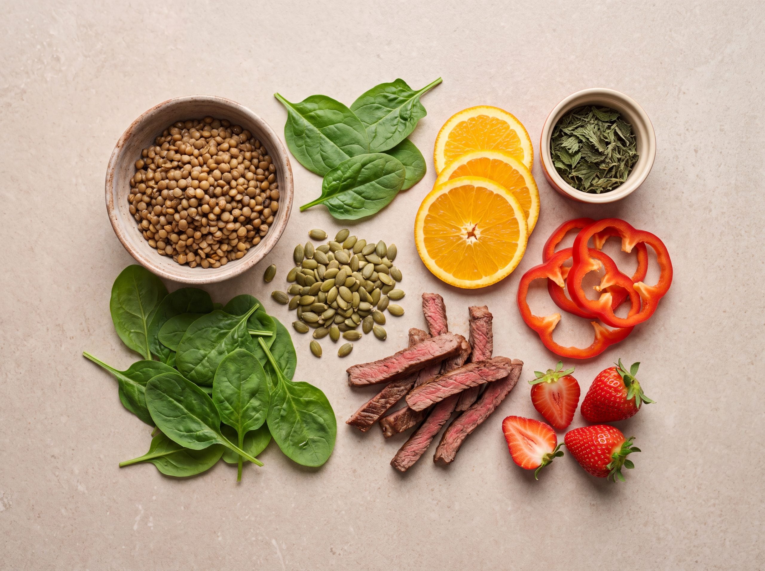 Iron-rich foods paired with vitamin C sources to support iron levels after heavy menstrual cycles
