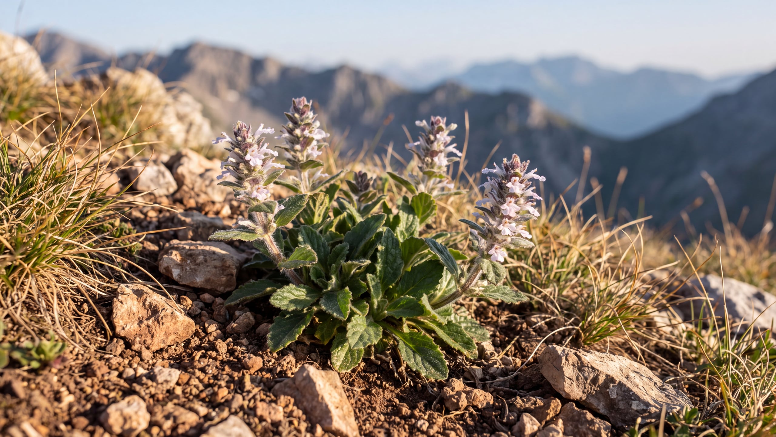 Ajuga turkestanica flowering in rocky Central Asian mountain soil under late afternoon light