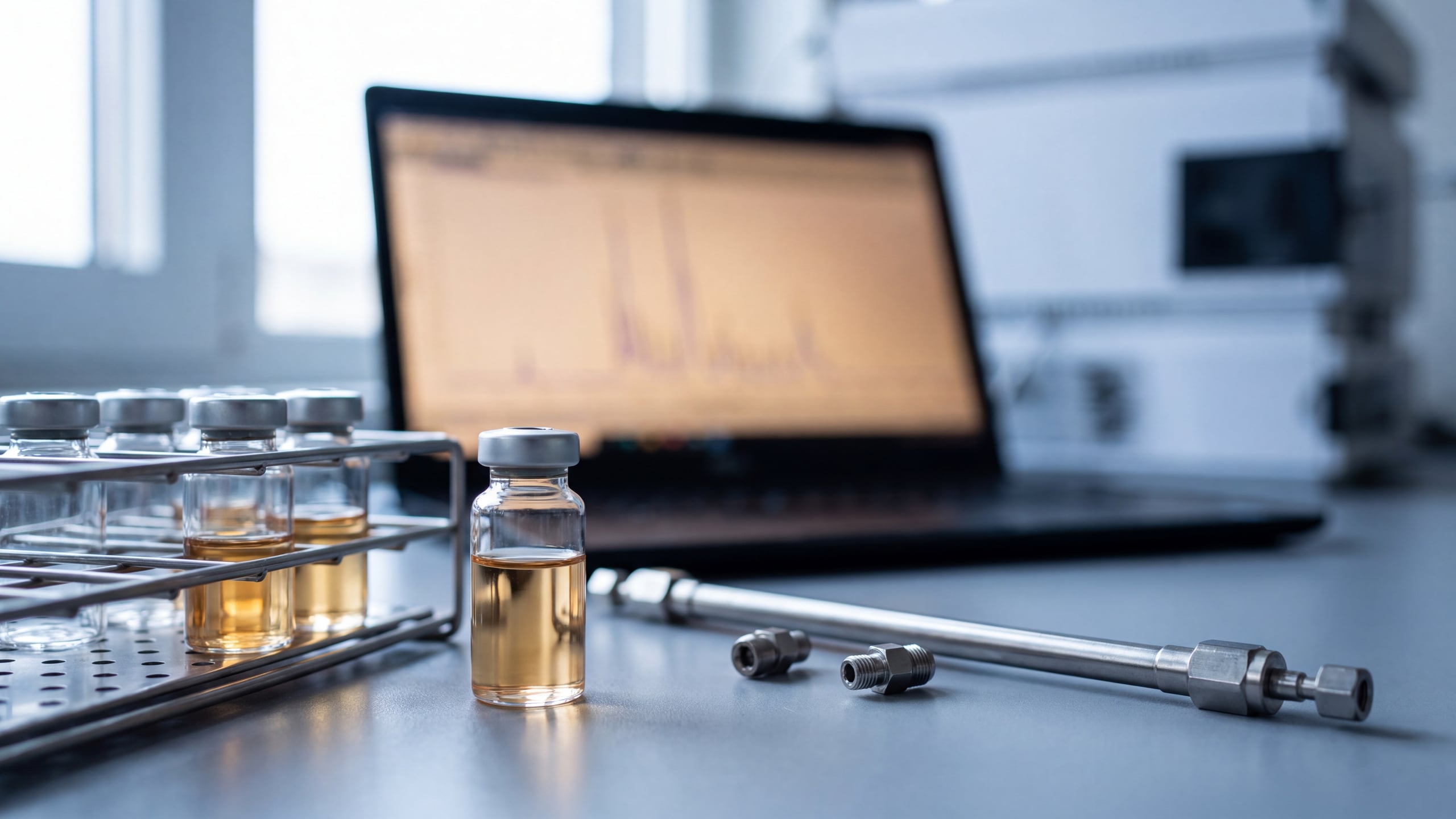 Amber botanical extract vial beside HPLC autosampler vials and an analytical column on a laboratory bench