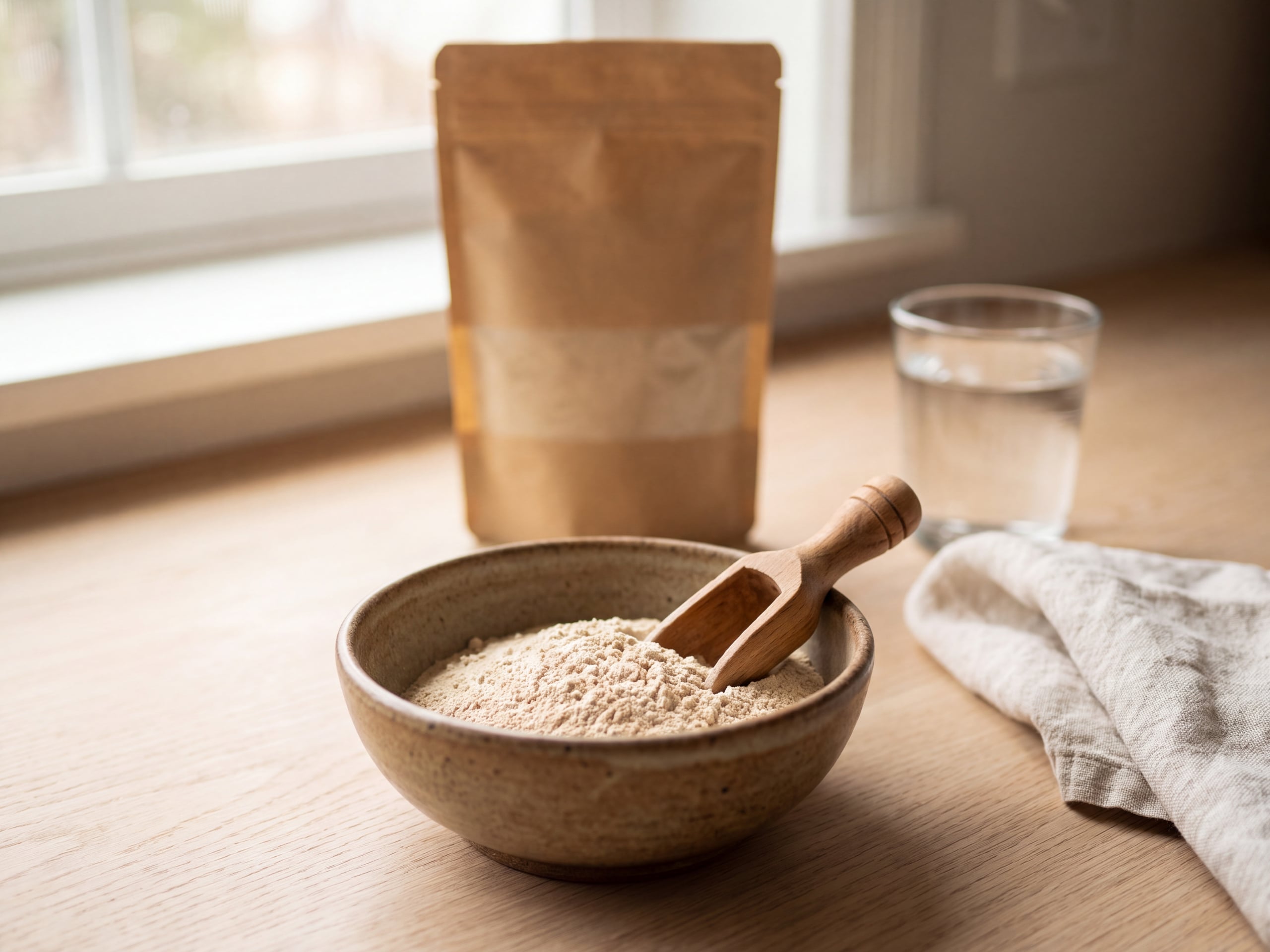 Dried jergon sacha corm powder in a stoneware bowl with a wooden scoop and kraft pouch