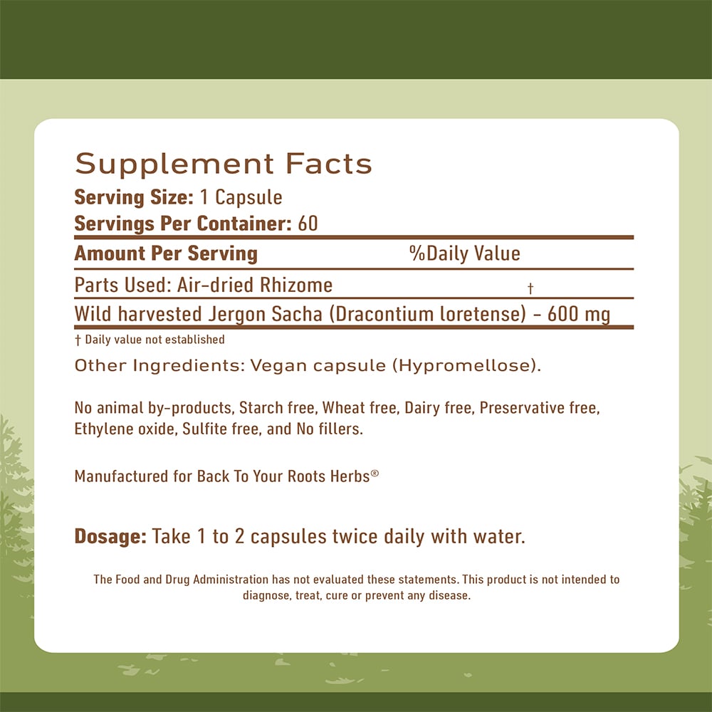 Jergon Sacha Capsules Supplement facts and ingredients label for Jergon Sacha capsules, showing 600mg of Dracontium loretense per serving.