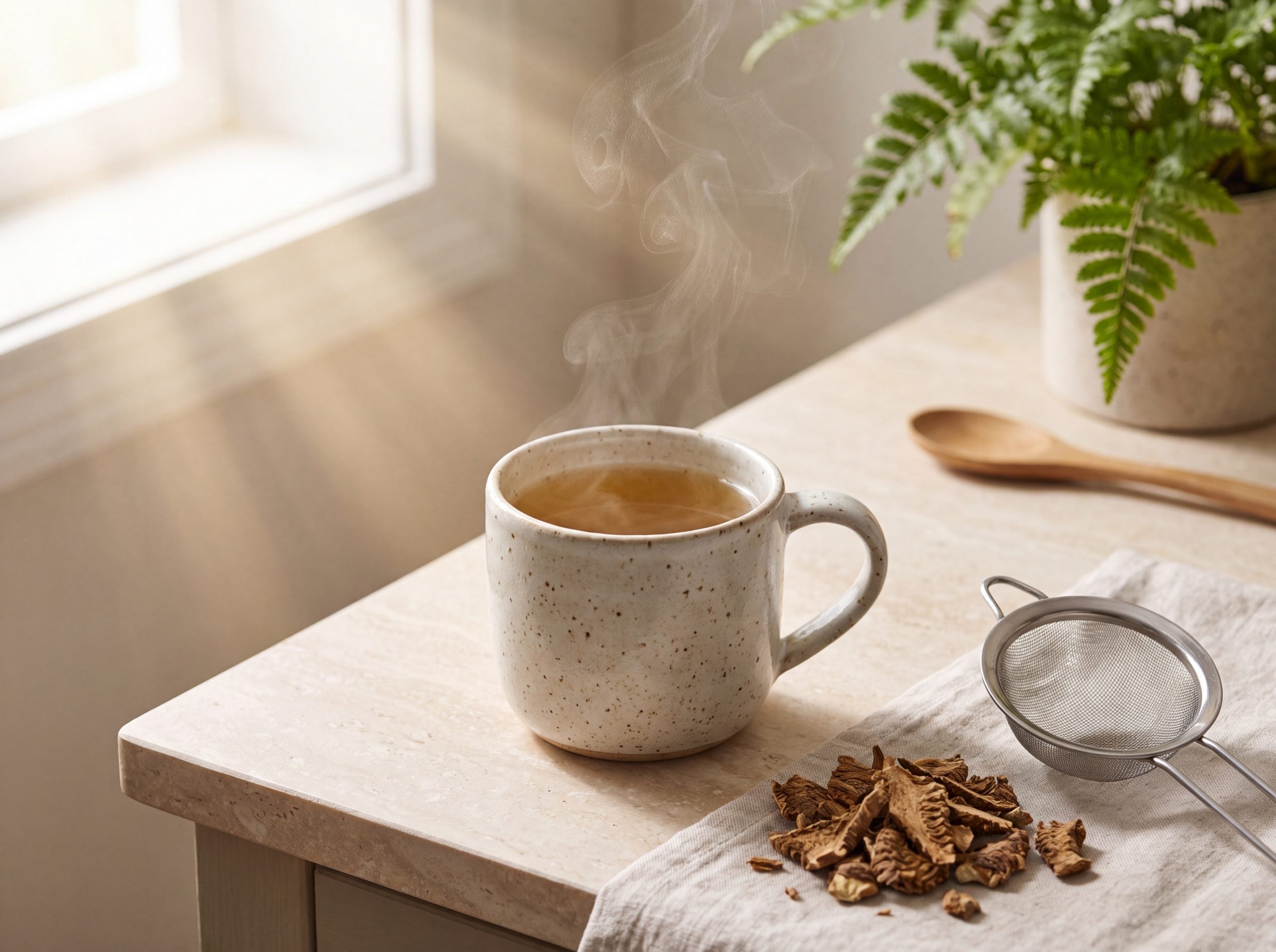 Traditional Kalawalla rhizome decoction steeping in a mug with a strainer