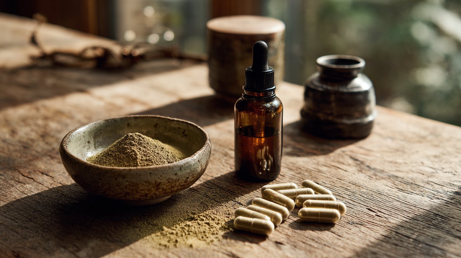 Various forms of kanna including a fine powder, a liquid tincture in a dropper bottle, and several capsules.