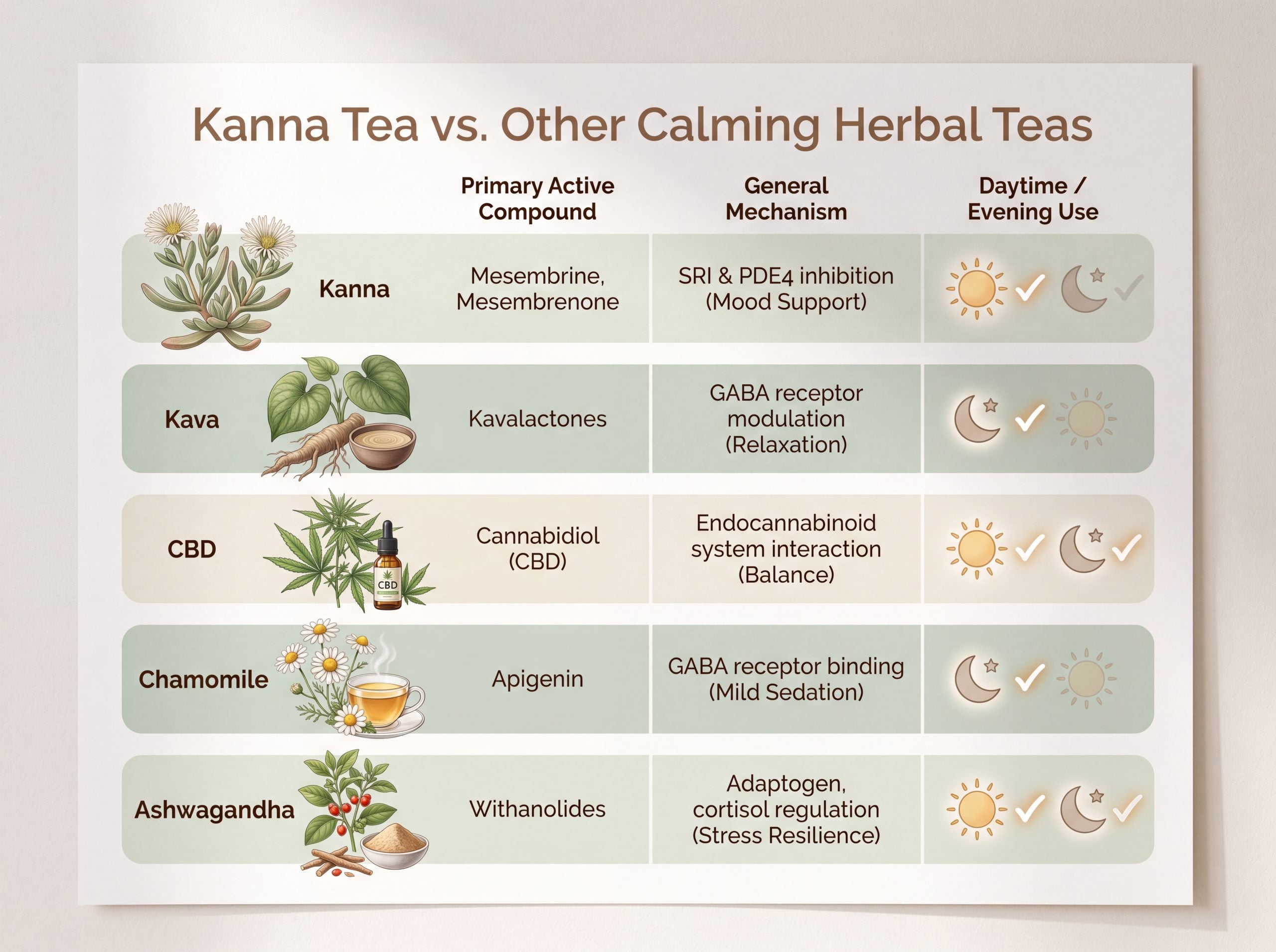 Comparison chart of kanna tea versus kava, CBD, chamomile, and ashwagandha by active compound and use.