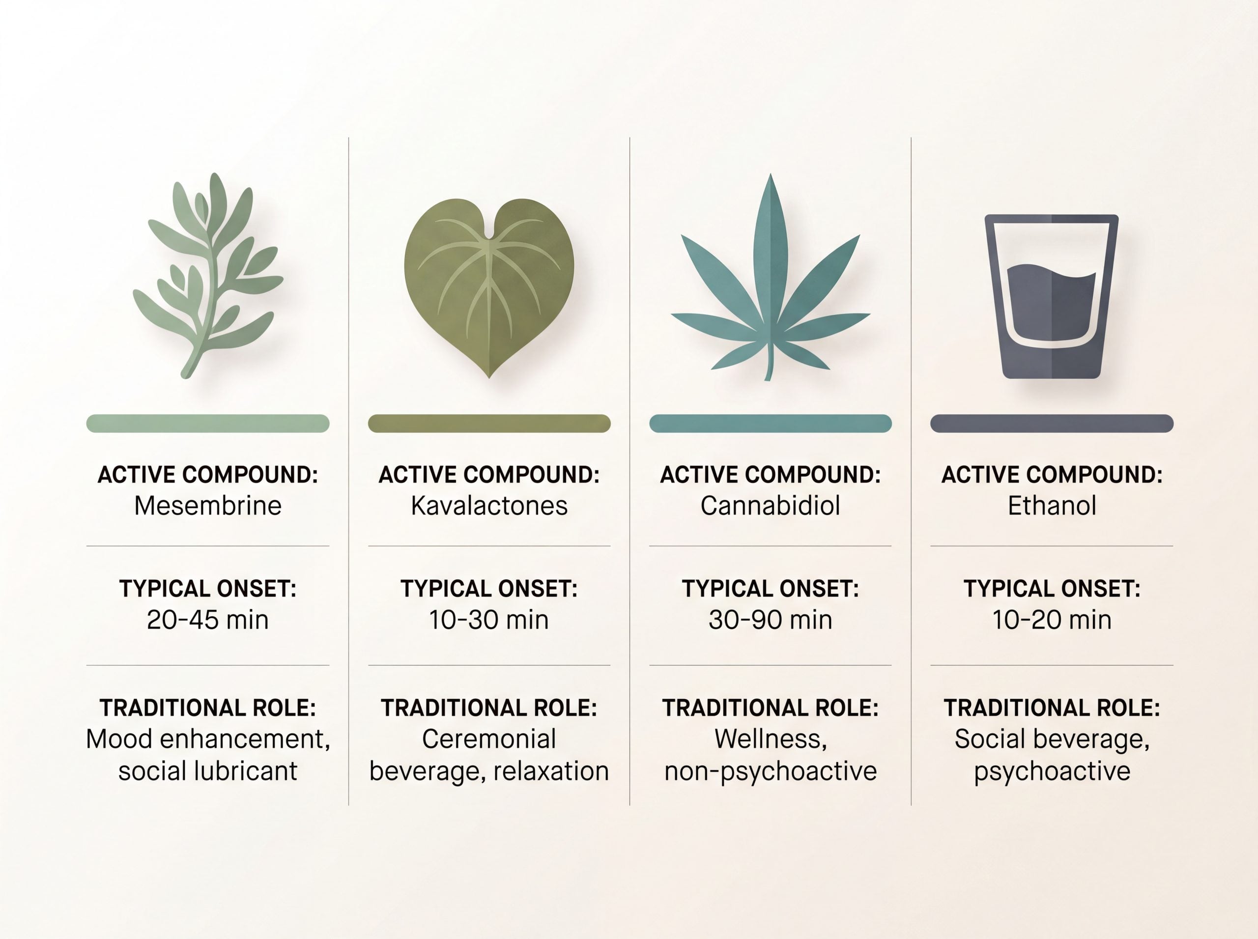 Infographic comparing kanna, kava, CBD, and alcohol by active compound, onset, and traditional use.