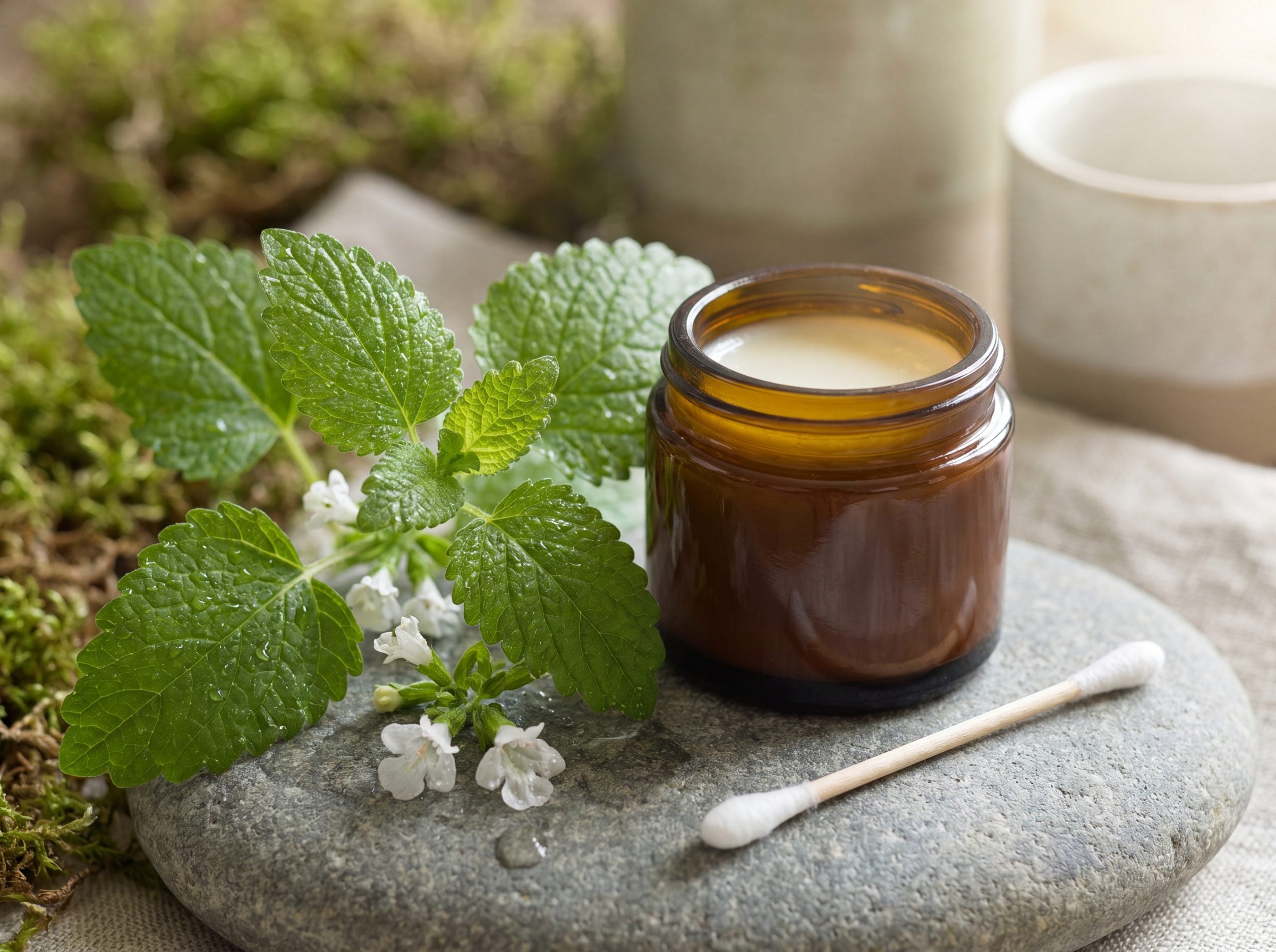 Fresh lemon balm leaves beside a jar of herbal cream and a cotton swab for first-tingle cold sore care