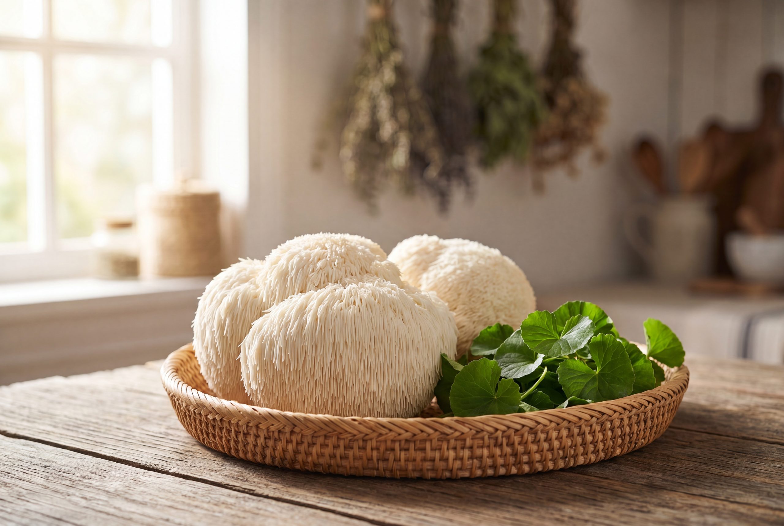 Fresh Lion's Mane mushroom and Gotu Kola leaves in a basket, herbs for cognitive support