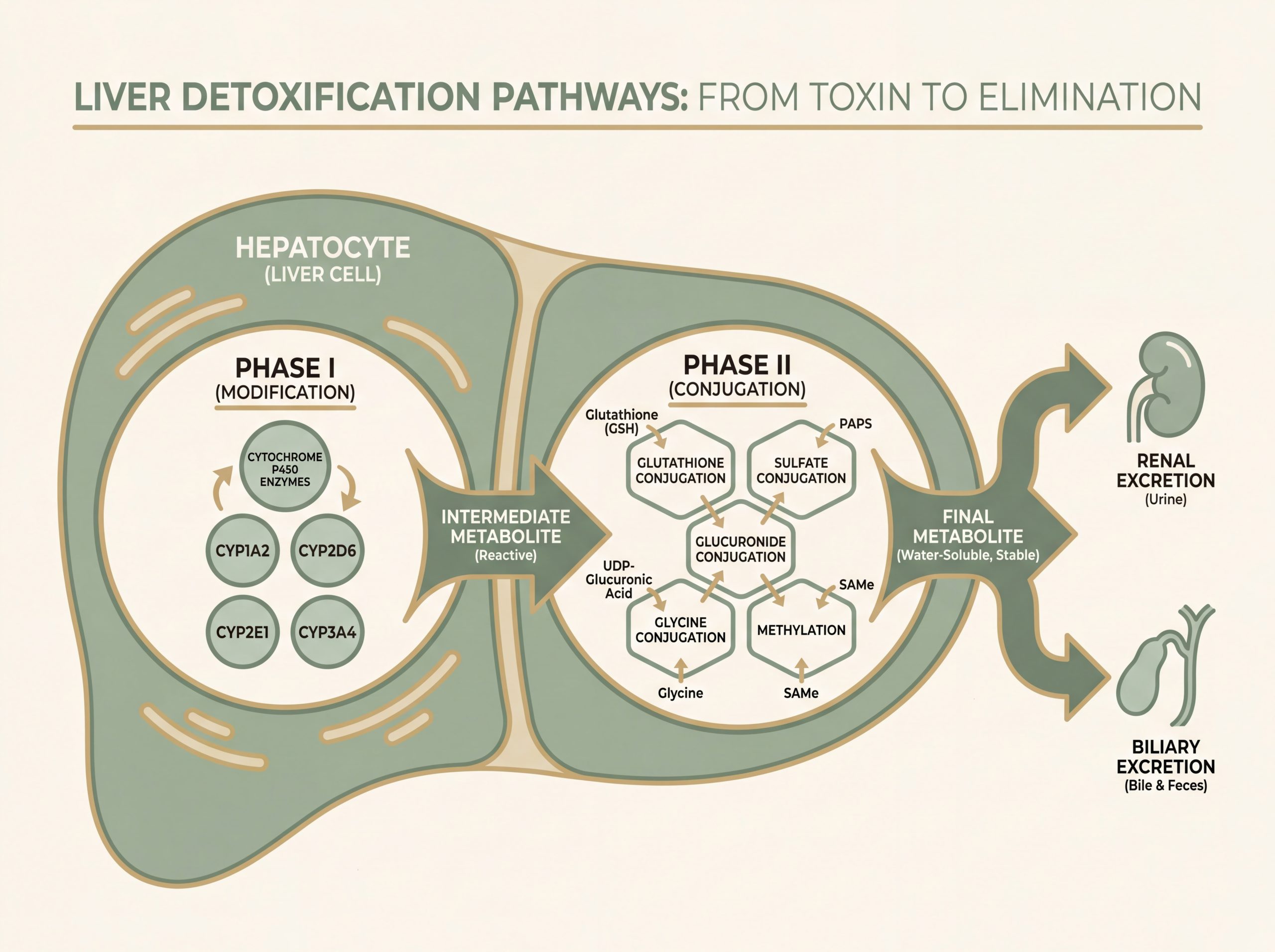 Liver detox Phase I and Phase II biochemistry pathway with cytochrome P450 and glutathione conjugation