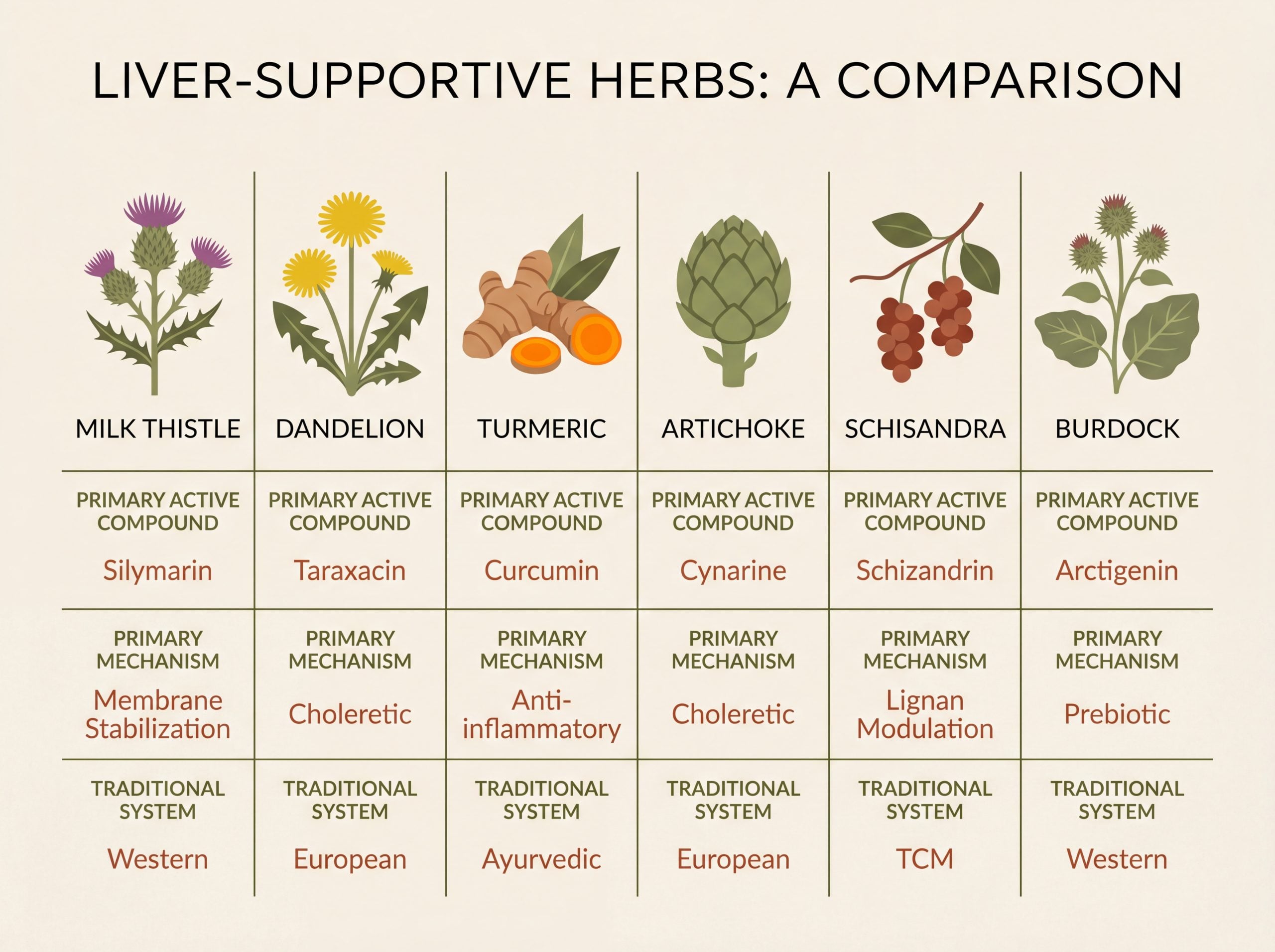 Comparison infographic of six liver support herbs showing active compounds and mechanisms for liver-supportive herbs