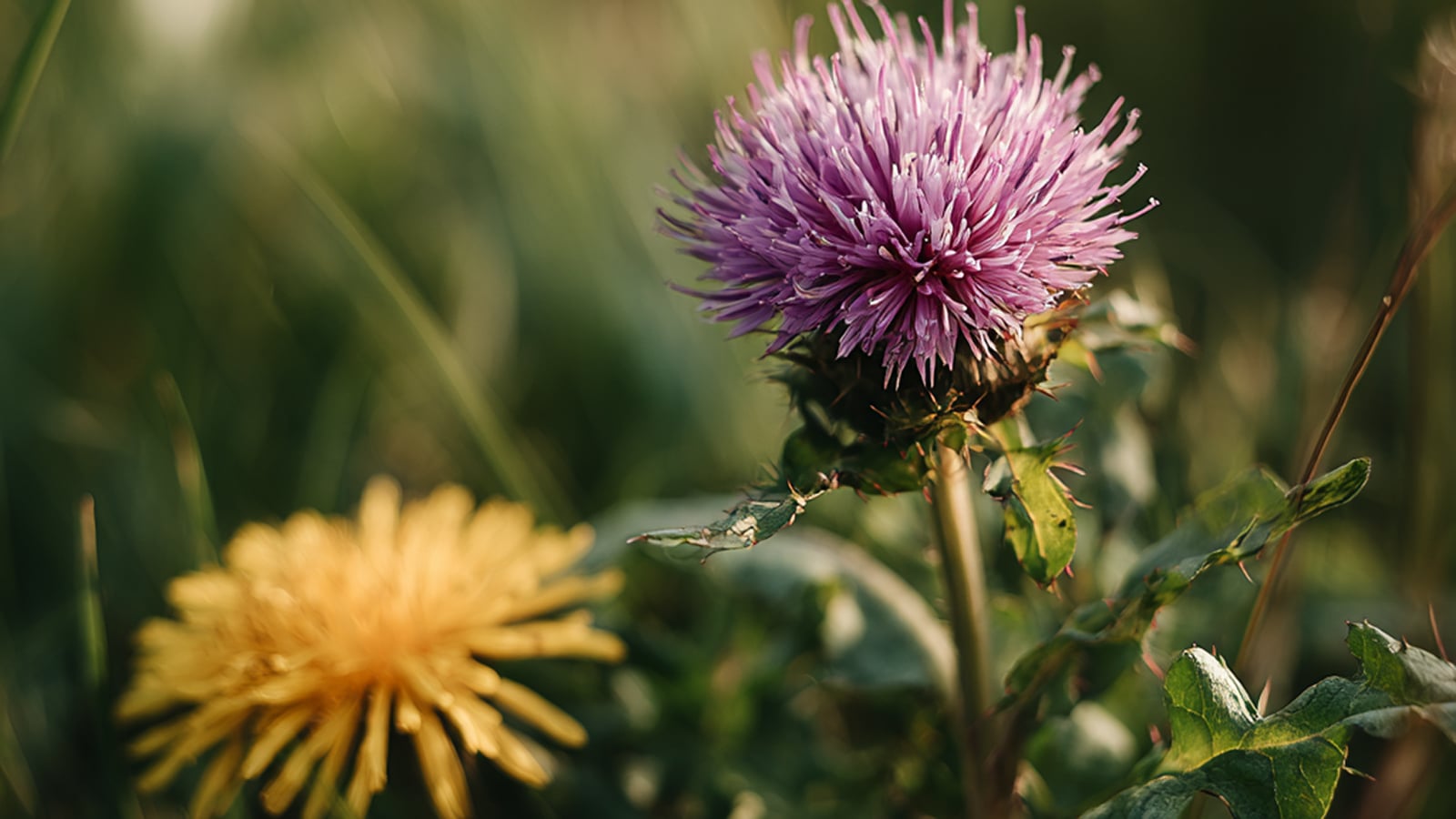 A vibrant Milk Thistle flower next to a yellow Dandelion, two herbs that support liver health for hormone detoxification.